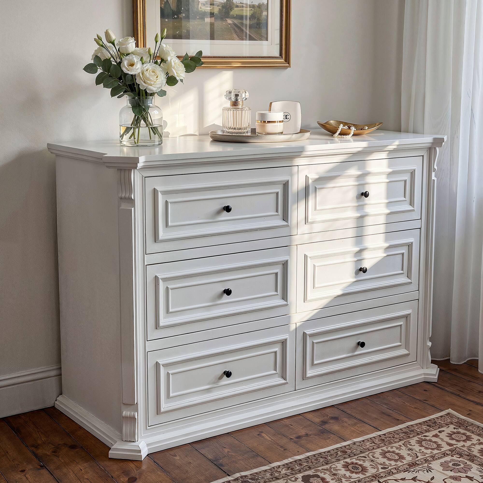 Angle. Famapy - 6-drawer dresser, bedroom dresser, wide chest of drawers, storage dresser, European-style furniture, quiet-glide slides - White.