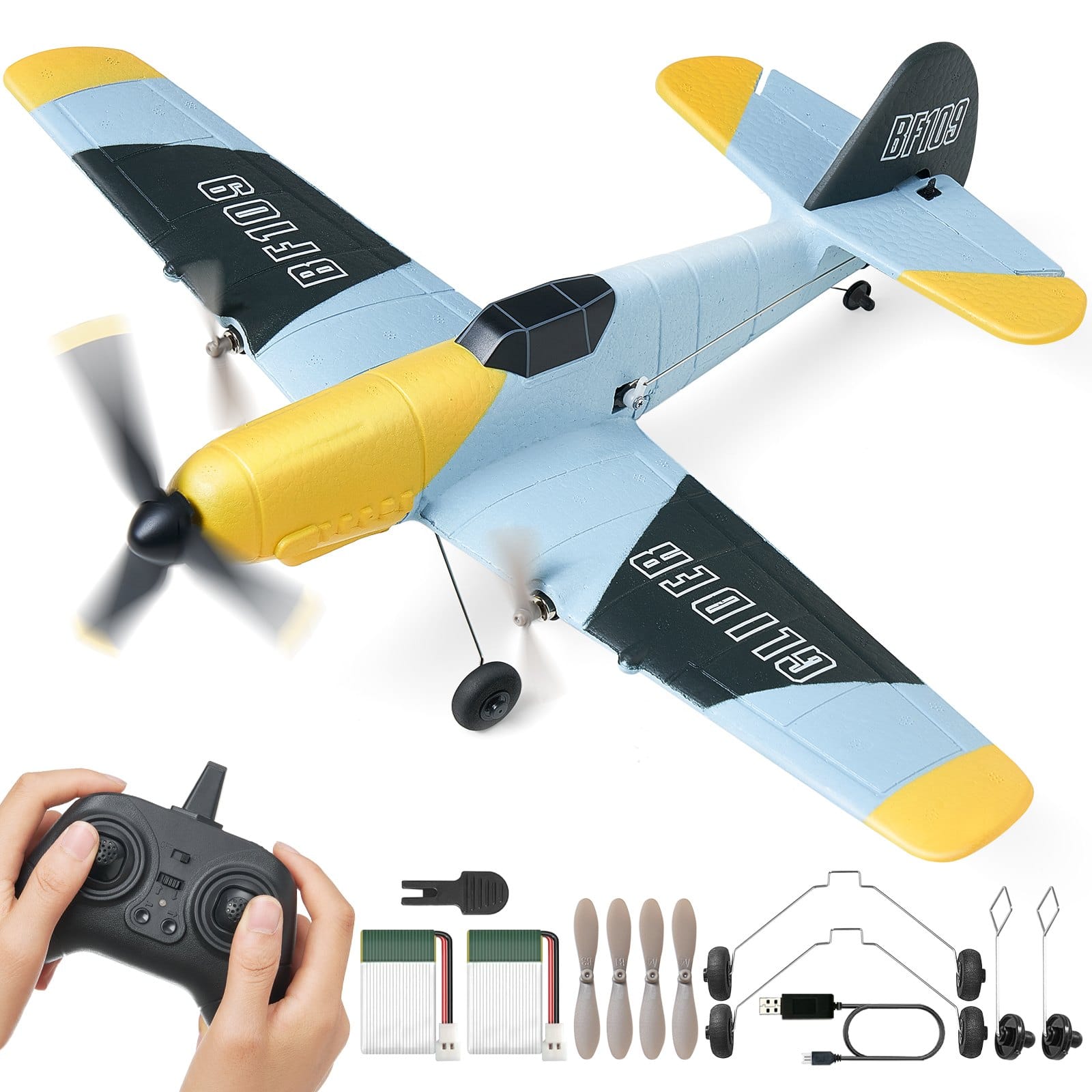 Glintex - RC Plane 2.4GHz 3CH Fighter Airplane with 6-Axis Gyro, Ready to Fly Glider Toy with 2 Batteries for Kids & Beginners .