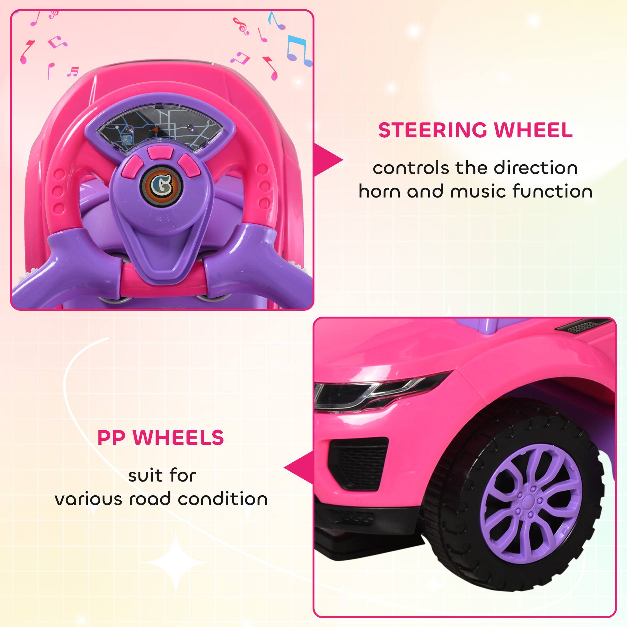 F Steering Wheel G controls the direction horn and music function. PP Wheels suit for various road condition