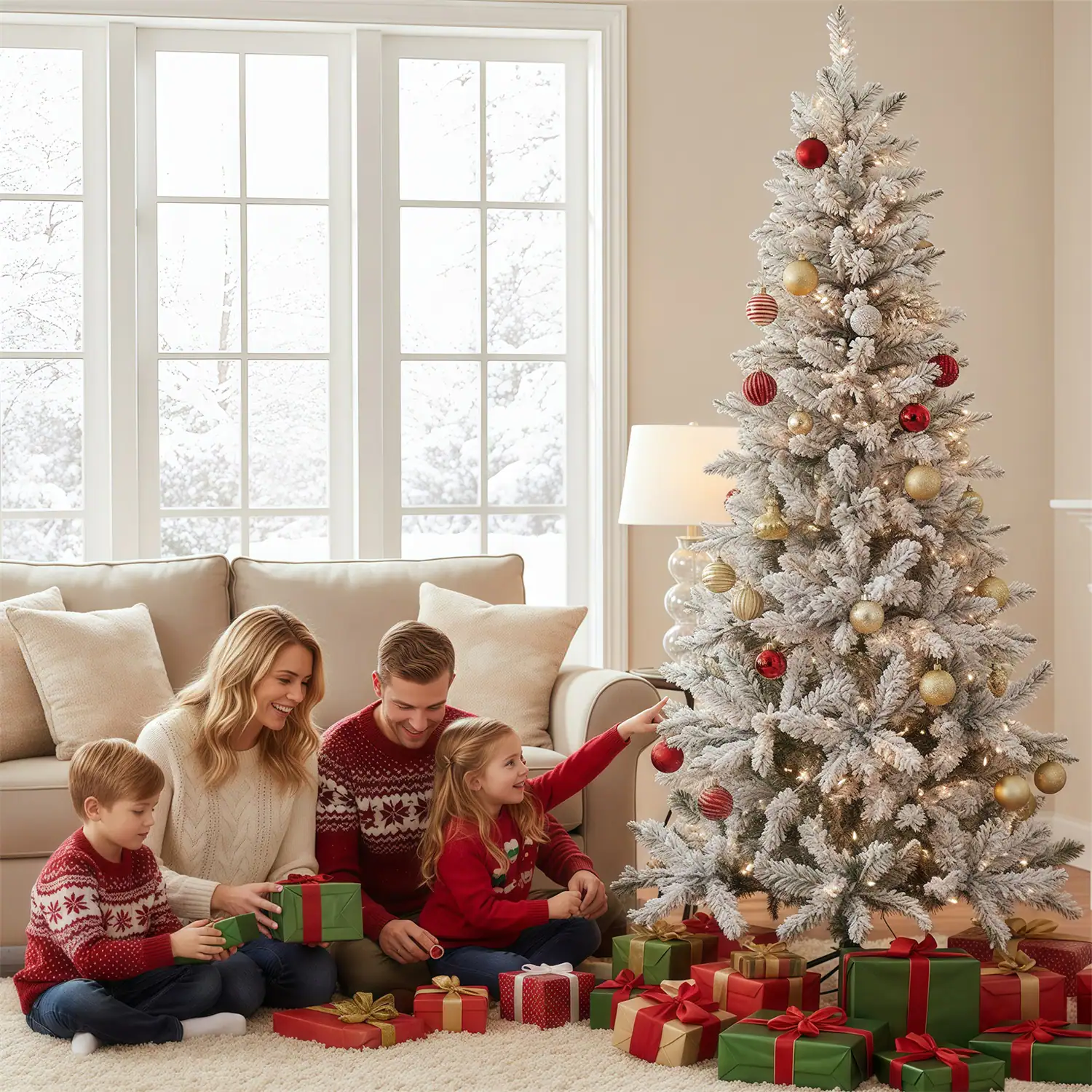 Back. Sweet - 9ft Snow Flocked Pencil Christmas Tree, Prelighted Artificial Slim Christmas Trees with 250 Lights, Foldable Base - White Flocking.