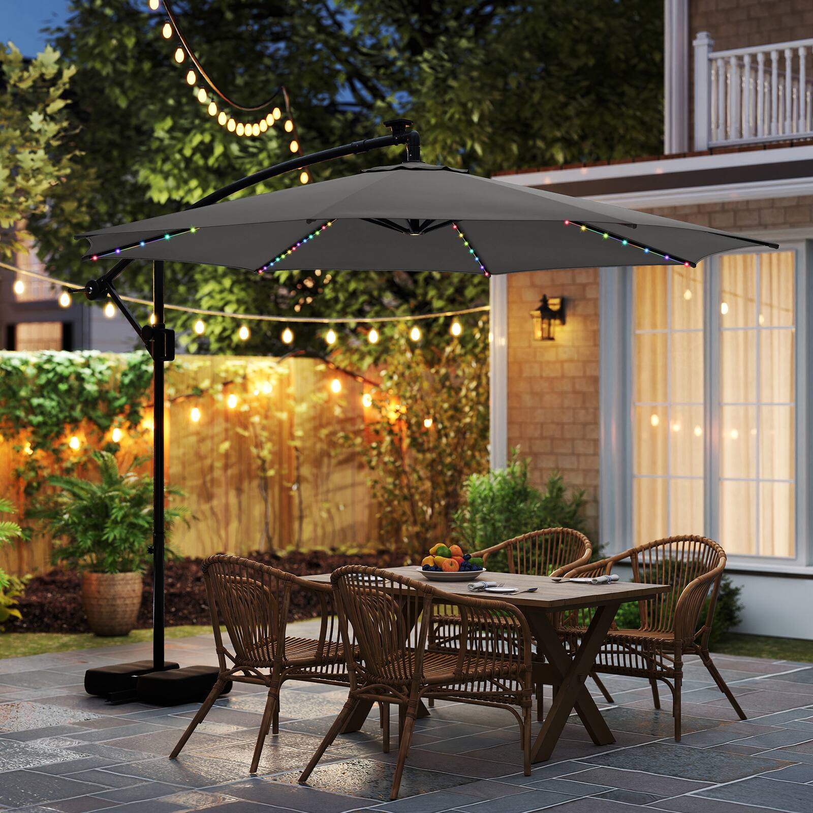 Alt View 1. Costway - Costway 10 FT Solar Offset Hanging Umbrella with 96 Solar Multi-colored Flowing LED Lights - Gray.