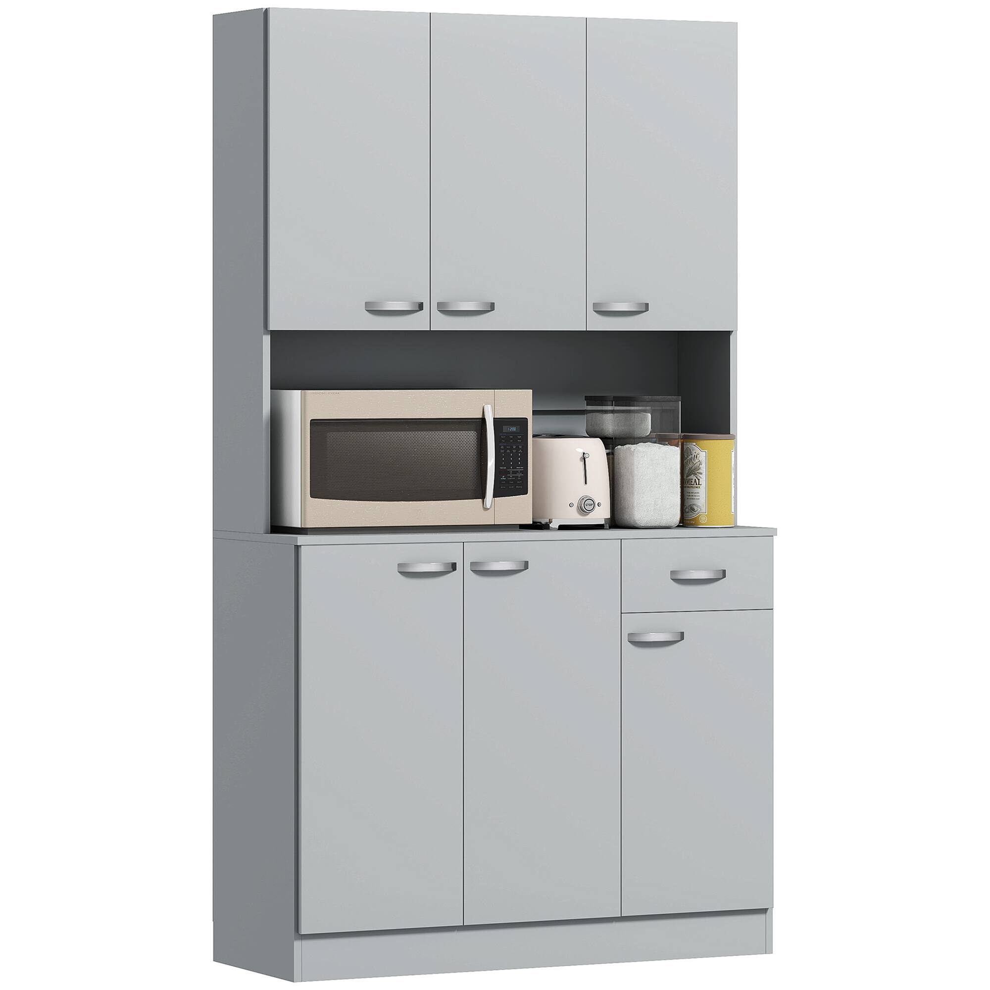Homcom - 71" Kitchen Pantry Cabinet, Tall Storage Cabinet with Microwave Stand, Modern Kitchen Hutch with Countertop, 6 Doors - Gray