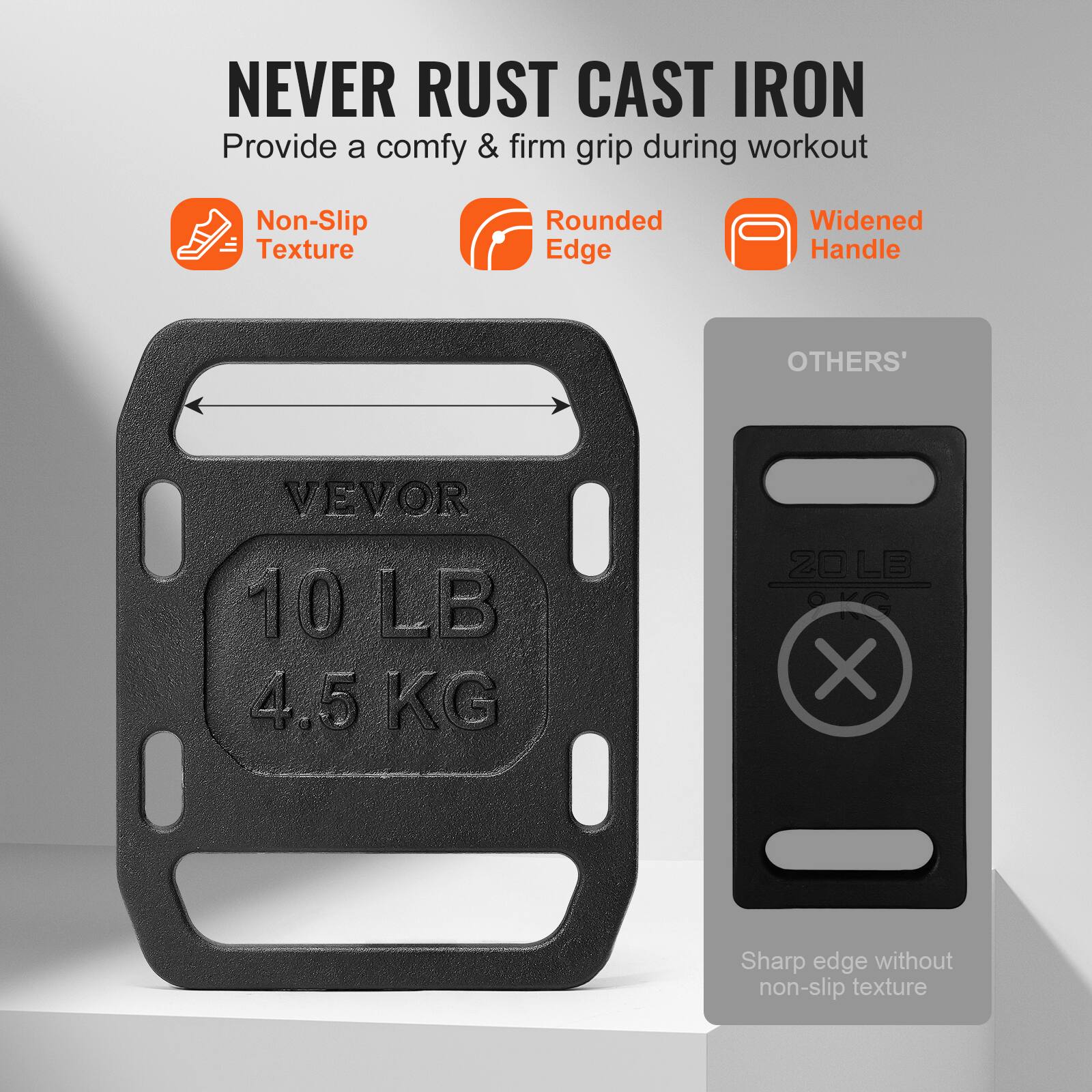 NEVER RUST CAST IRON
Provide a comfy & firm grip during workout
Non-Slip Texture
Rounded Edge
Widened Handle
OTHERS'
VEVOR 10 LB 4.5 KG
20 OLE 0Ke X
Sharp edge without non-slip texture