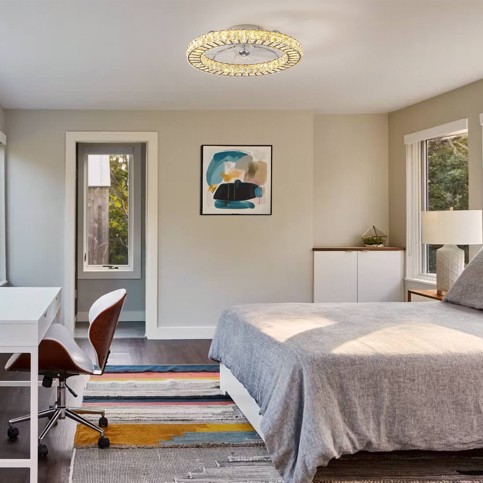 Alt View 2. Siljoy - 22 Inch Low Profile Crystal Flush Mount Ceiling Fan with Light, Nickel Finish, Dimmable LED Fan with Remote for Bedroom - Gold.