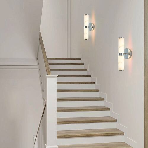 Alt View 1. LUCKY ONE - Resin Imitation Marble Wall Sconce Set of 2, Chrome Frame Vertical Light for Bathroom Hallway - Chrome.