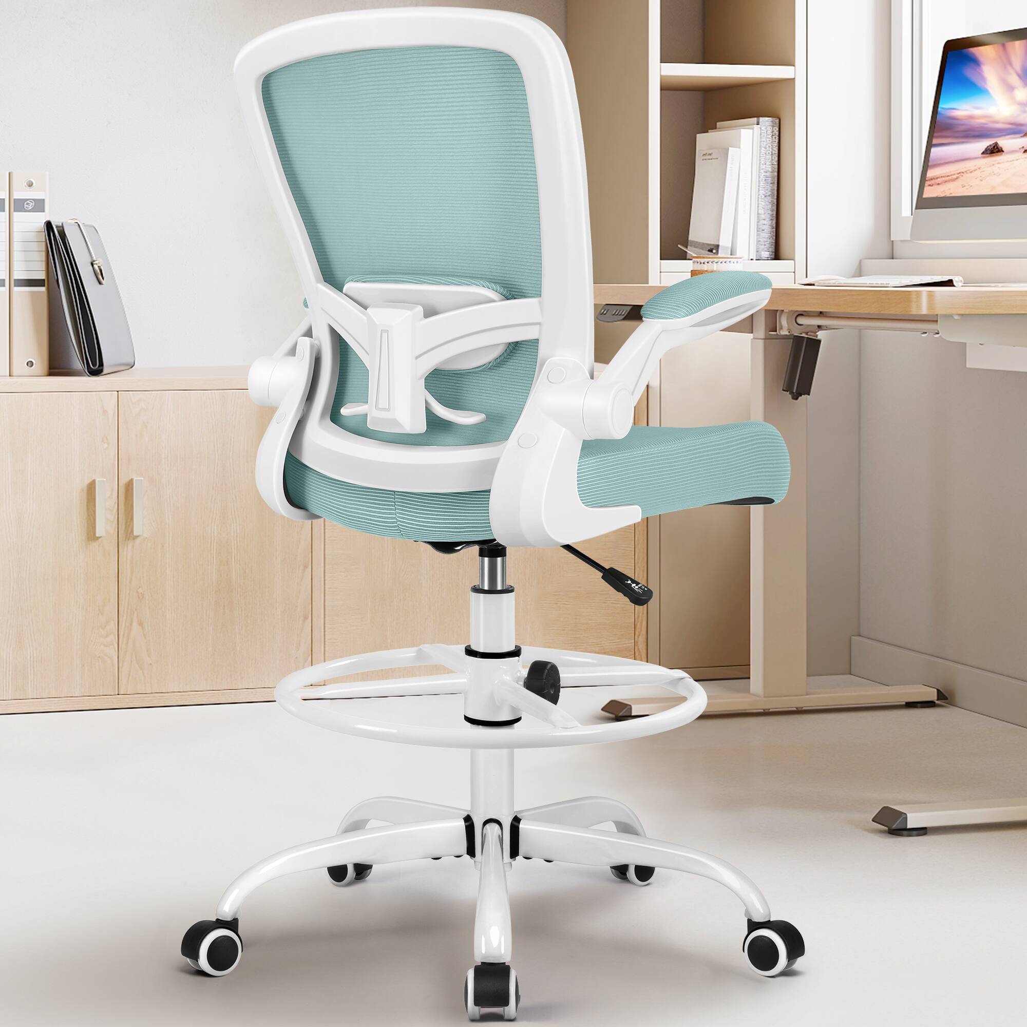 Alt View 6. Brick Attic - Drafting Chair, Tall Office Chair Ergonomic Desk Chair, Task Rolling Chair with Adjustable Flip-up Armrests Foot Ring - Light Blue.