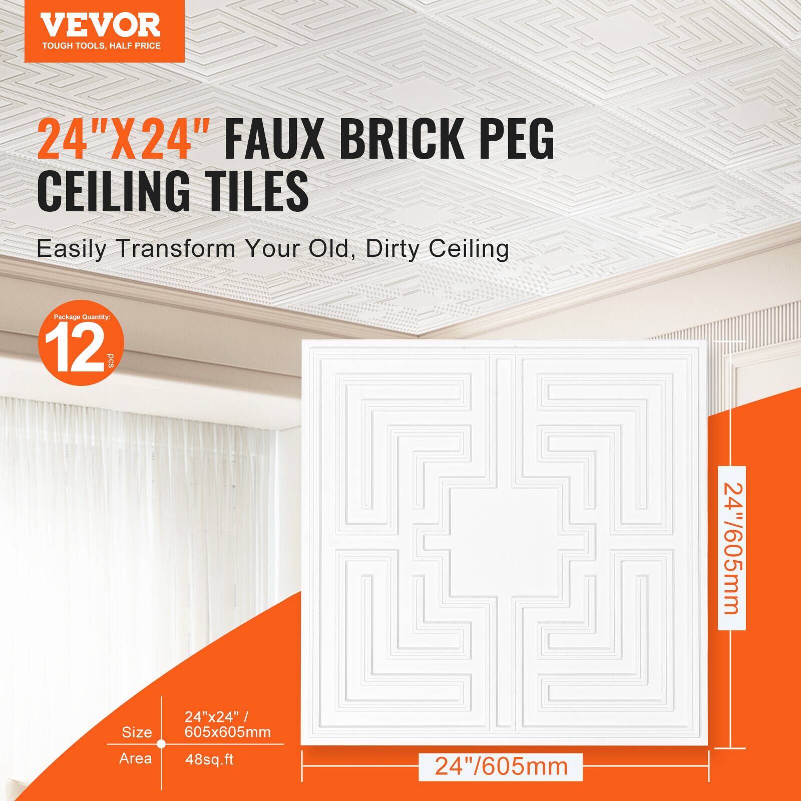 VEVOR TOUGH TOOLS, HALF PRICE

24"X24" FAUX BRICK PEG CEILING TILES

Easily Transform Your Old, Dirty Ceiling

Package Quantity: 12 PCs

Size: 24"x24" / 605x605mm

Area: 48 sq.ft

24"/605mm