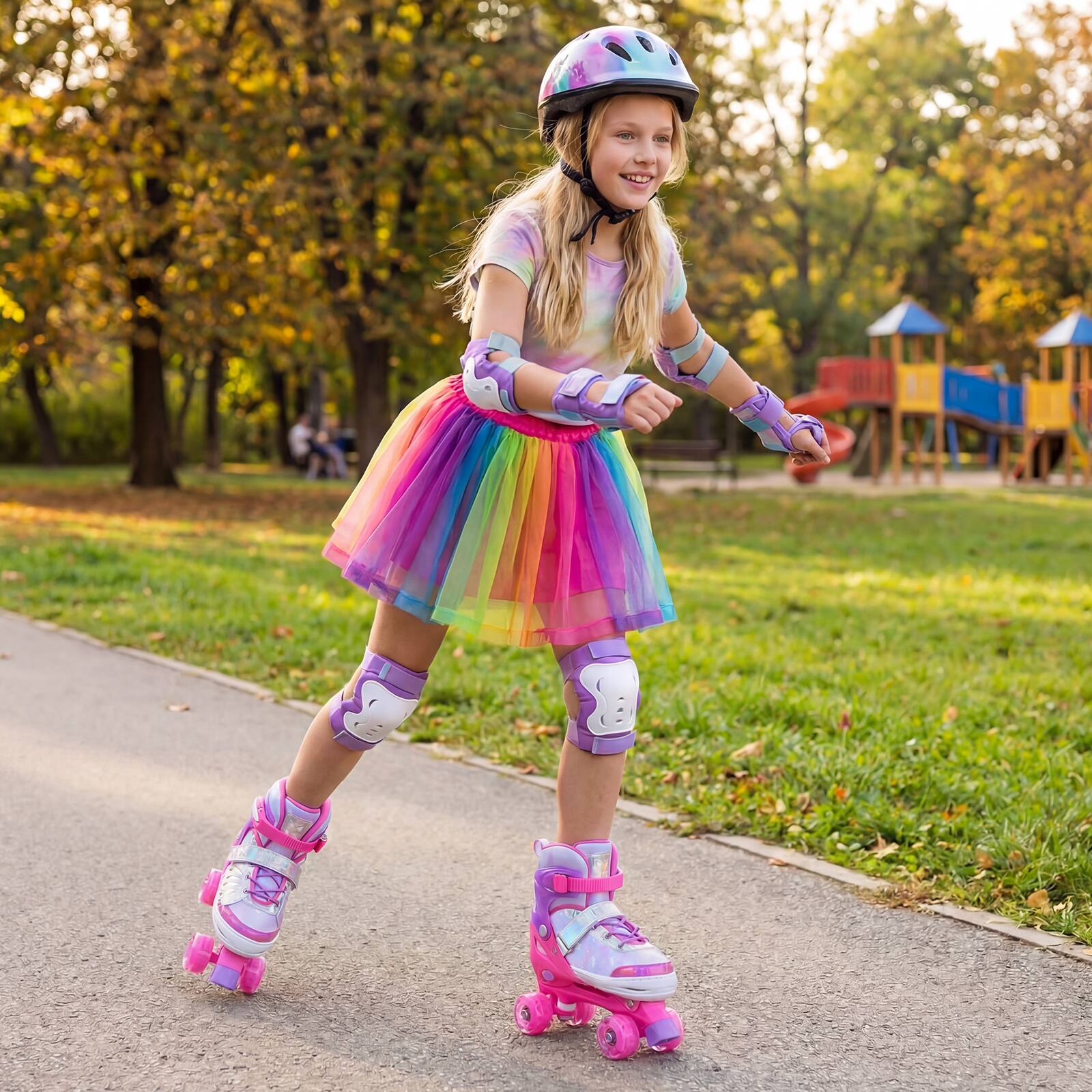 Alt View 2. Costway - Costway Kids Roller Skates 4 Sizes Adjustable Quad Skates with Light Wheels for Ages 9-14 - Pink.