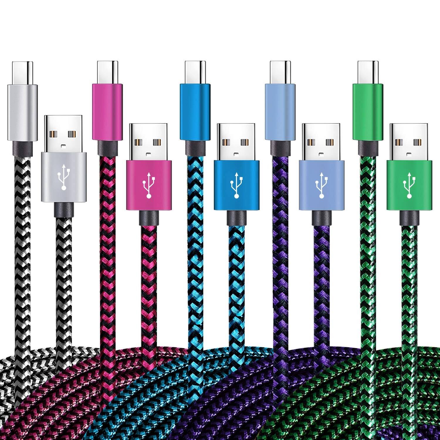 MOSZAR LLC - [5-Pack] 6FT USB-C Cable Fast Charging – 3A Braided Type-C Charger for Samsung S10/S9/S8/Note 9/A80/A50/A20 - black/blue/magenta/green/purple