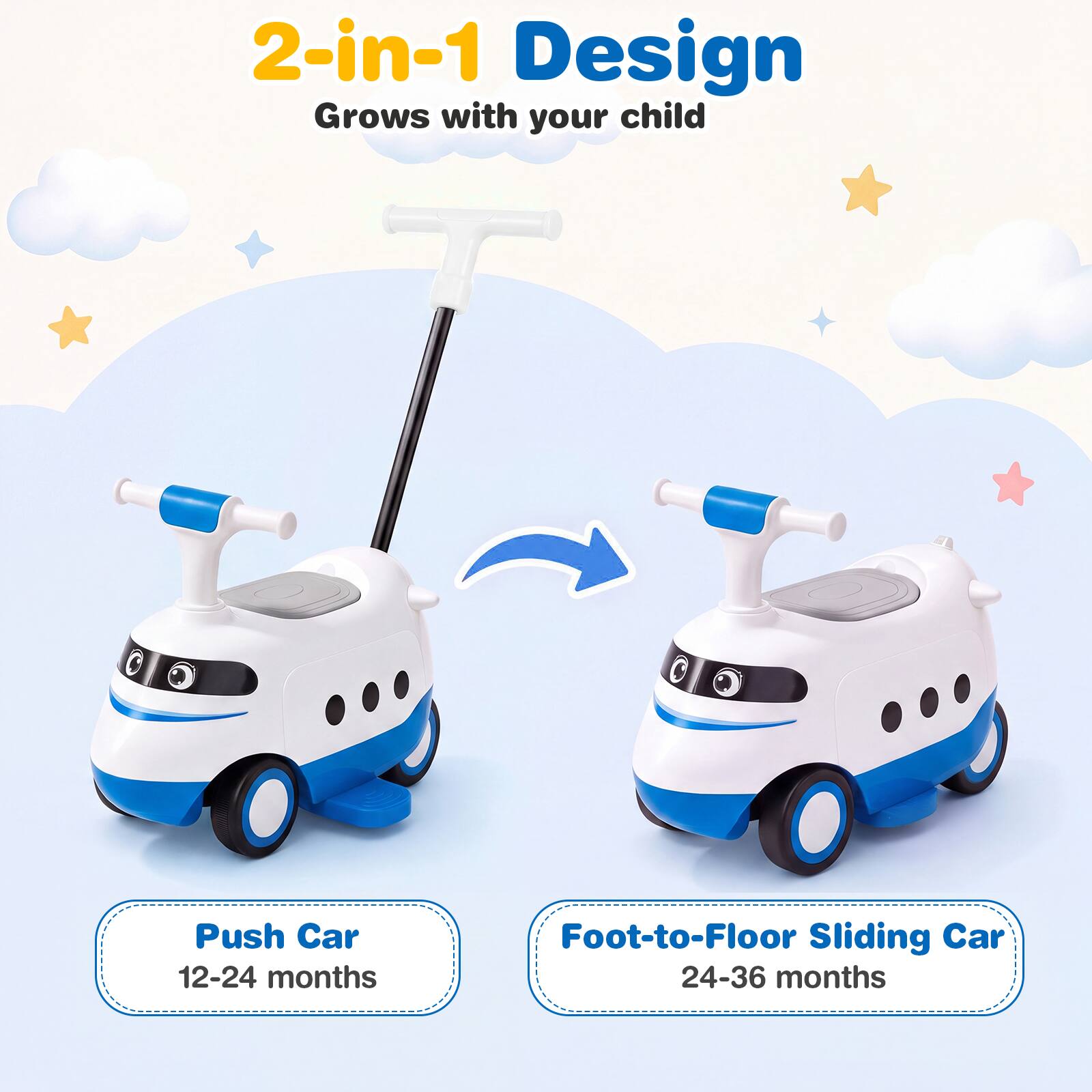 2-in-1 Design  
Grows with your child  

Push Car  
12-24 months  

Foot-to-Floor Sliding Car  
24-36 months