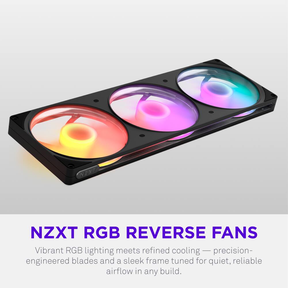 NZXT RGB REVERSE FANS

Vibrant RGB lighting meets refined cooling - precision-engineered blades and a sleek frame tuned for quiet, reliable airflow in any build.