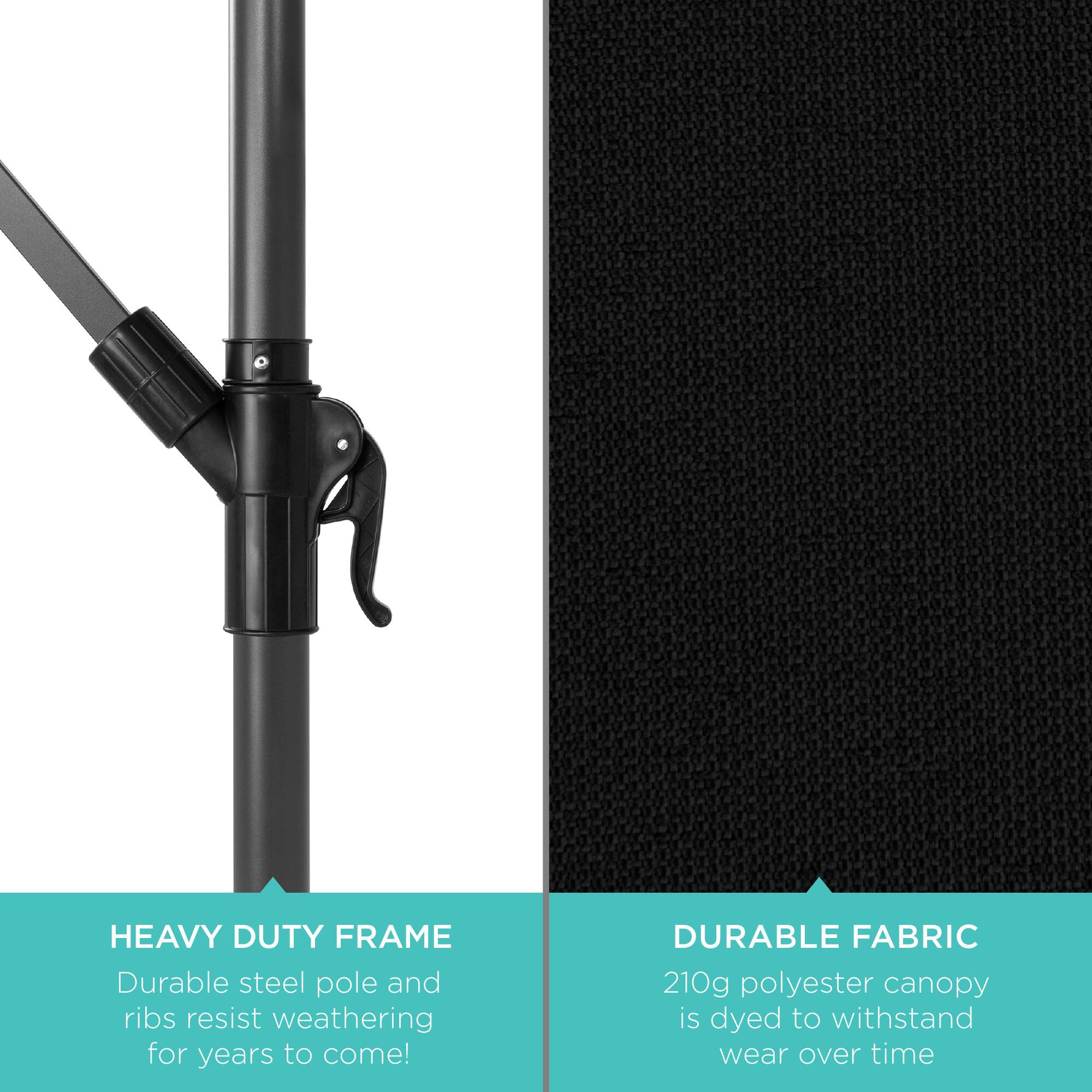 HEAVY DUTY FRAME  
Durable steel pole and ribs resist weathering for years to come!

DURABLE FABRIC  
210g polyester canopy is dyed to withstand wear over time