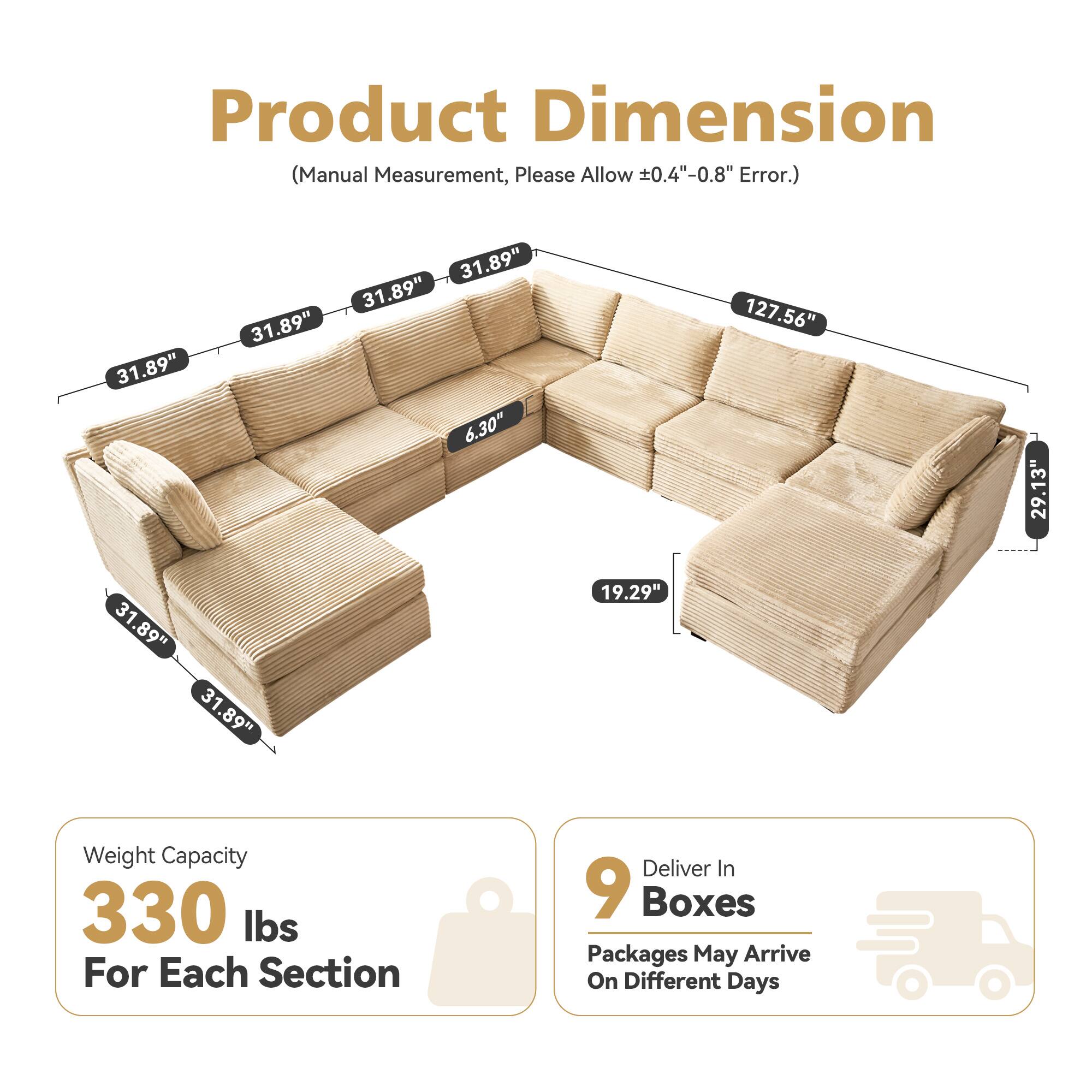 Product Dimension (Manual Measurement, Please Allow 0.4"-0.8" Error.)  
31.89" x 31.89" x 31.89" x 31.89" x 6.30" x 127.56" x 29.13" x 31.89" x 31.89" x 19.29"  
Weight Capacity: 330 lbs For Each Section  
Deliver In 9 Boxes  
Packages May Arrive On Different Days