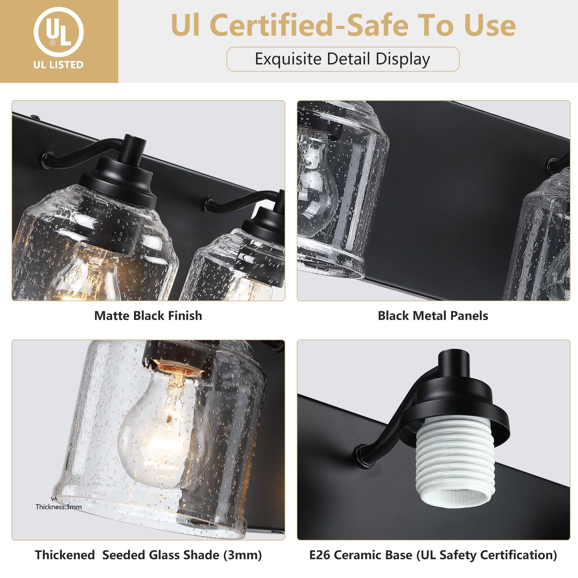 - UL Certified-Safe To Use
- Exquisite Detail Display
- Matte Black Finish
- Black Metal Panels
- Thickened Seeded Glass Shade (3mm)
- E26 Ceramic Base (UL Safety Certification)