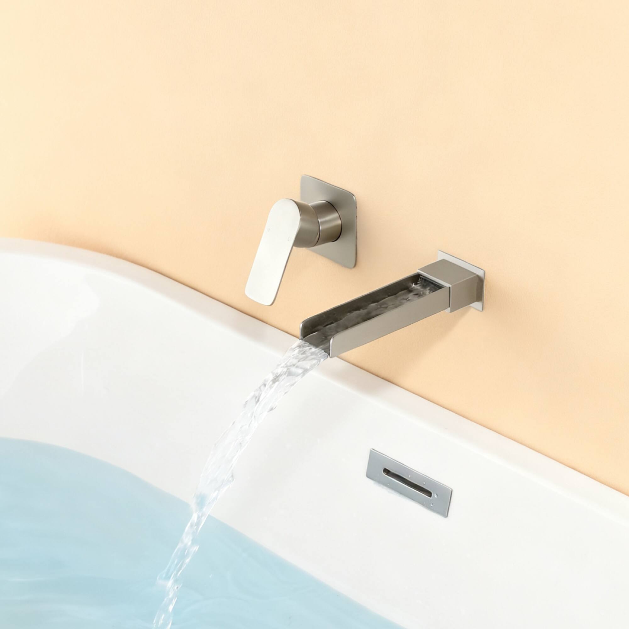 Alt View 3. Boyel Living - Brushed Nickel Wall Mounted Basin Faucet Solid Brass Single Handle Waterfall Spout 1/2NPT - Silver.
