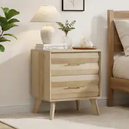 Loheer - Bedside Table, Two Drawer Nightstand with Metal Handles for Bedroom Storage - Oak