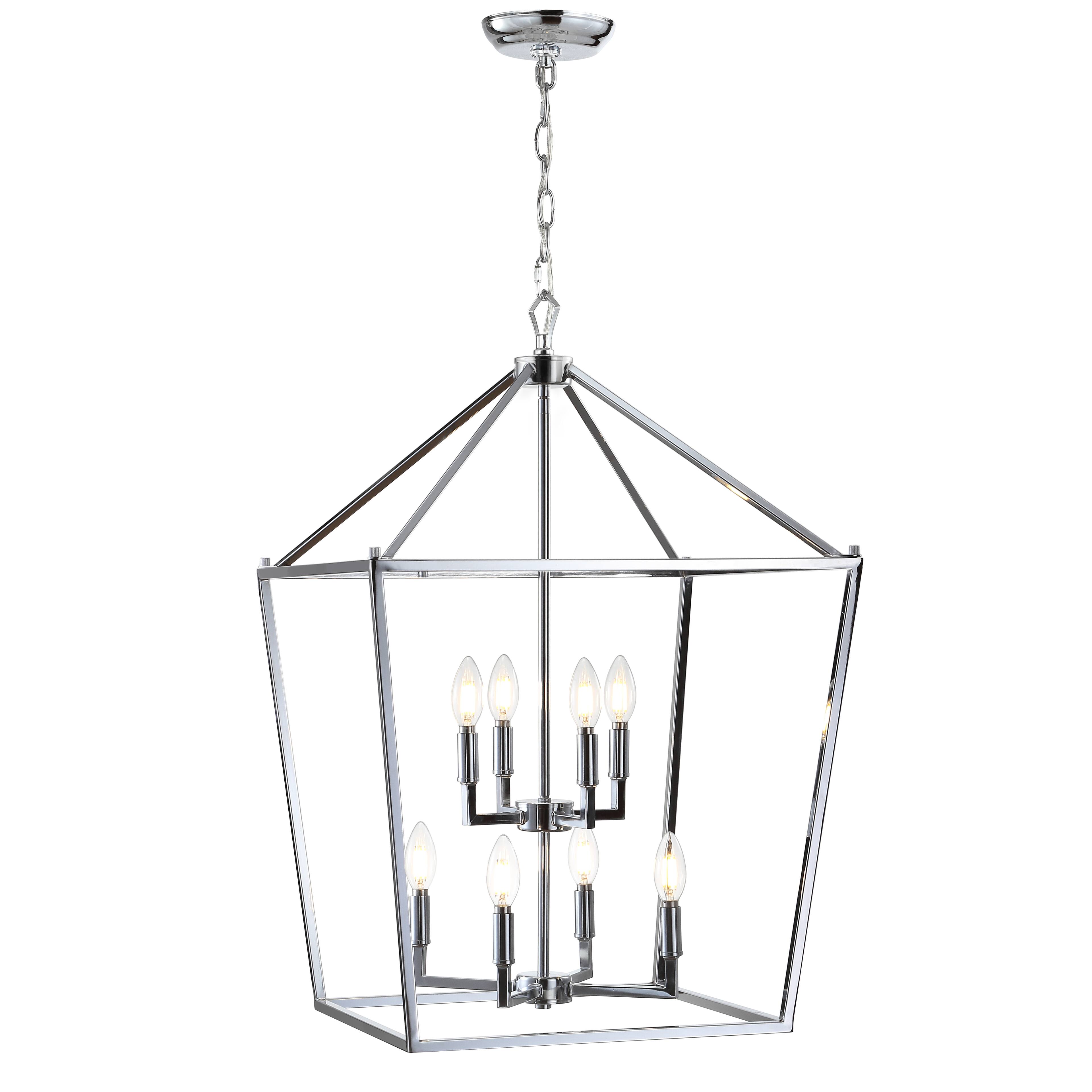 Front. Jonathan Y - Pagoda 20" 8-Light Classic Traditional Metal Cage Lantern LED Pendant, Chrome - Chrome.