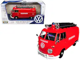 Volkswagen Type 2 (T1) Fire Van "Feuerwehr" 1/24 Diecast Model Car by Motormax - Red