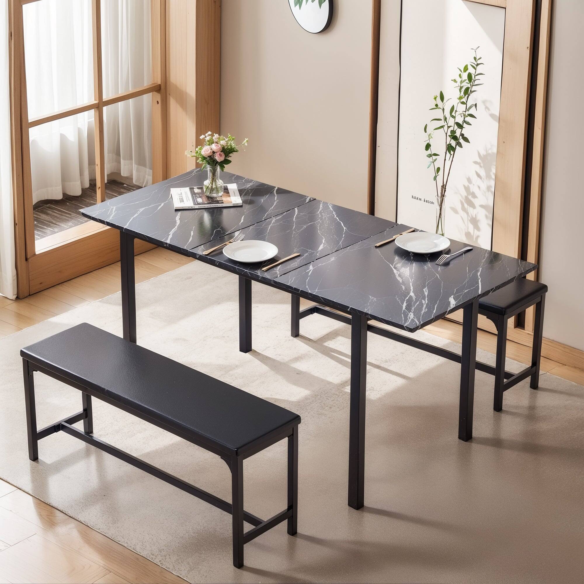 Alt View 1. Vecelo - Extendable Dining Set for 2-8: Space Saving Benches, Expandable Farmhouse Table, Waterproof MDF, Black Metal Frame - Black.