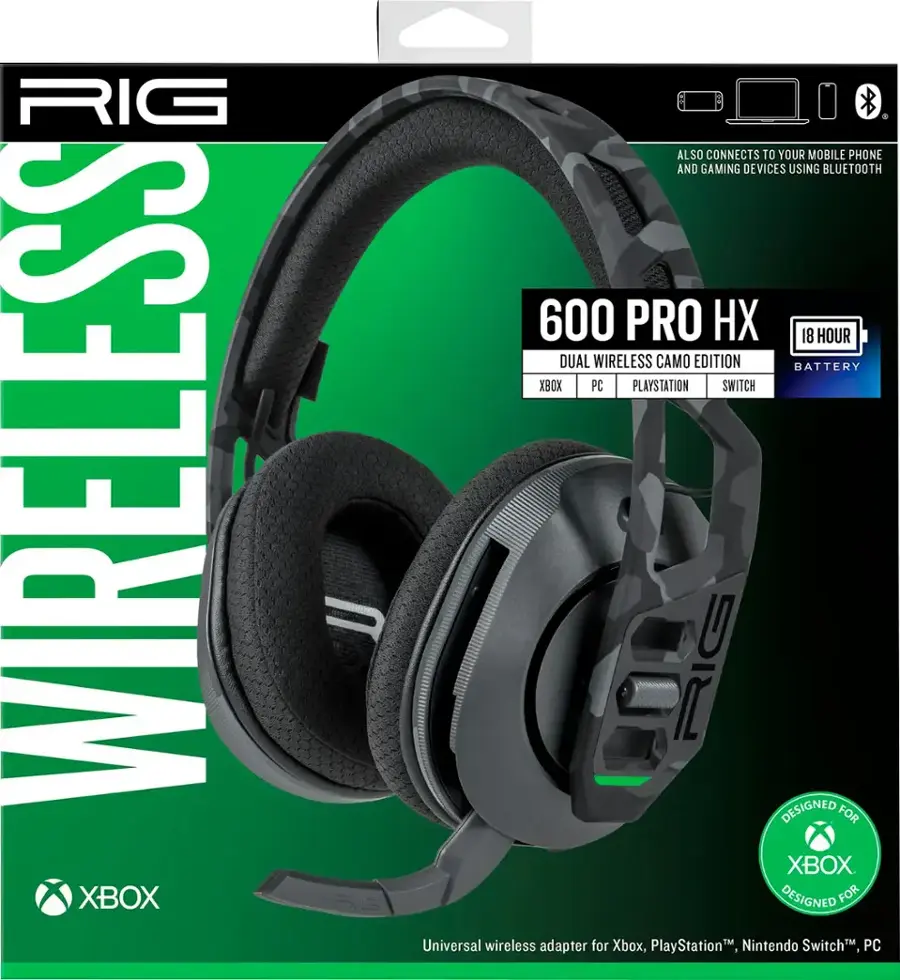The text on the image is already correctly grouped and formatted. It reads:

"RIG WIRELESS XBOX PS. ALSO CONNECTS TO YOUR MOBILE PHONE AND GAMING DEVICES USING BLUETOOTH. 600 PRO HX 18 HOUR DUAL WIRELESS CAMO EDITION BATTERY. XBOX PC PLAYSTATION SWITCH. U RIG. DESIGNED FOR XBOX. DESIGNED FOR PlayStation. DESIGNED FOR Nintendo Switch. DESIGNED FOR PC."