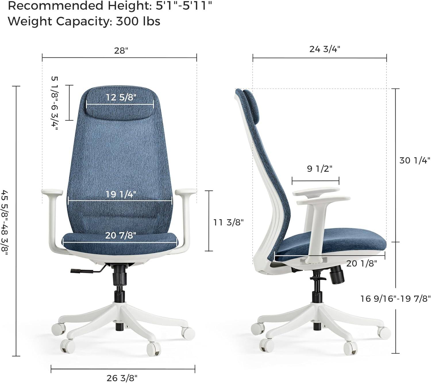Recommended Height: 5'1"-5'11"  
Weight Capacity: 300 lbs  

28"  
24 3/4"  
5 1/8"-6 3/4"  
12 5/8"  
9 1/2"  
30 1/4"  
45 5/8"-48 3/8"  
19 1/4"  
20 7/8"  
11 3/8"  
20 1/8"  
16 9/16"-19 7/8"  
26 3/8"