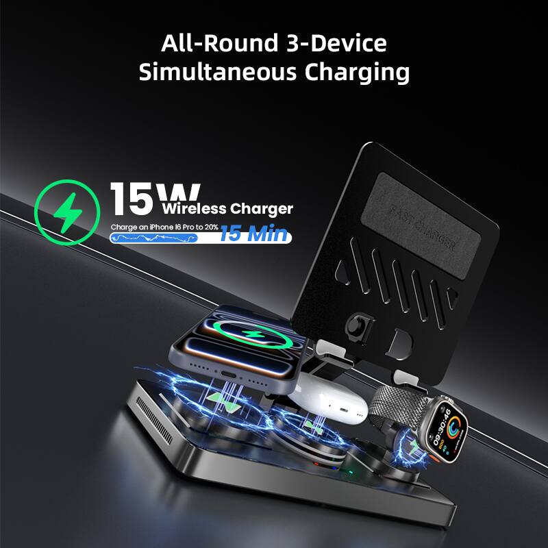 All-Round 3-Device Simultaneous Charging

15W Wireless Charger
Charge an iPhone 16 Pro to 20% in 15 Min