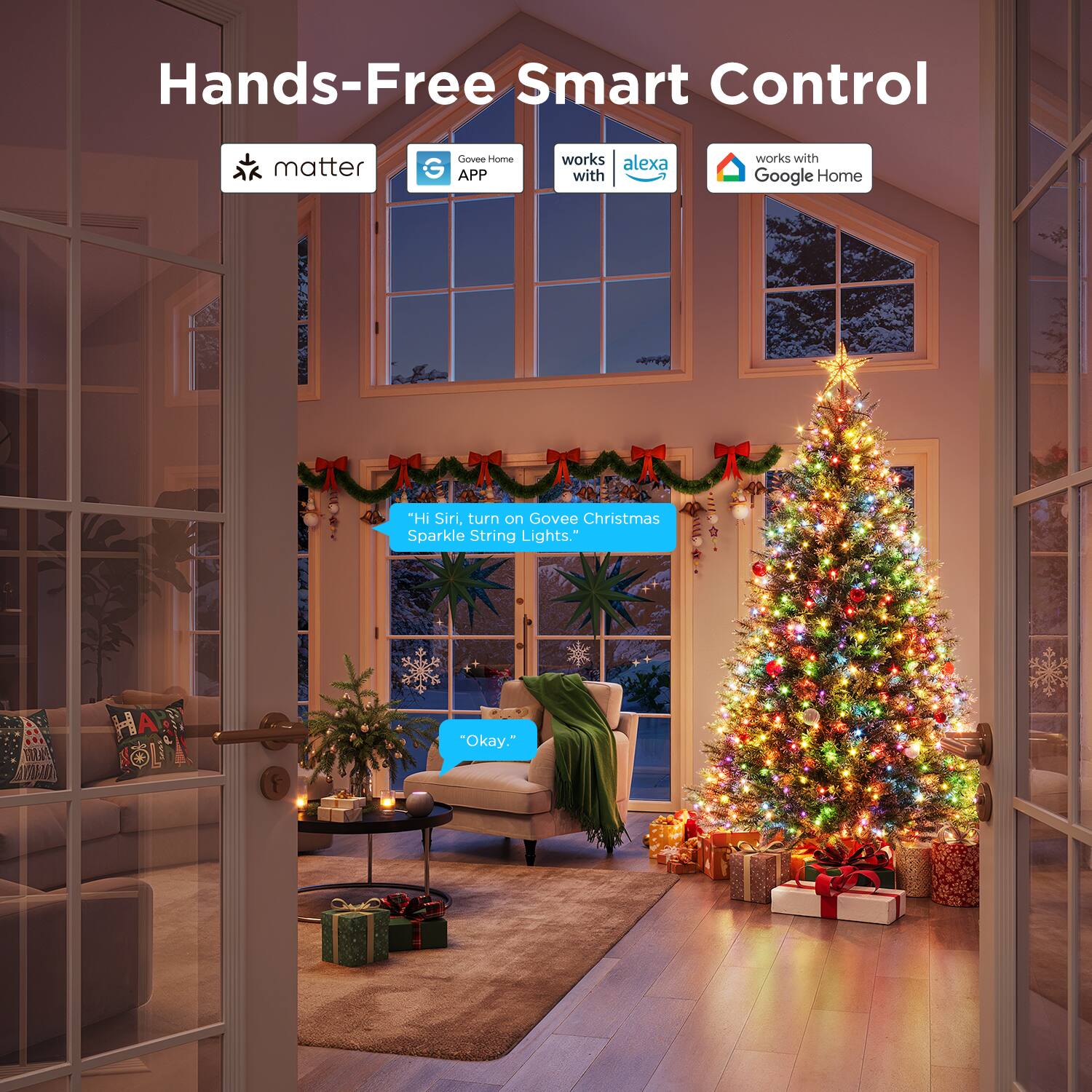Hands-Free Smart Control

matter

Govee Home APP

works with alexa

works with Google Home

"Hi Siri, turn on Govee Christmas Sparkle String Lights."

"Okay."