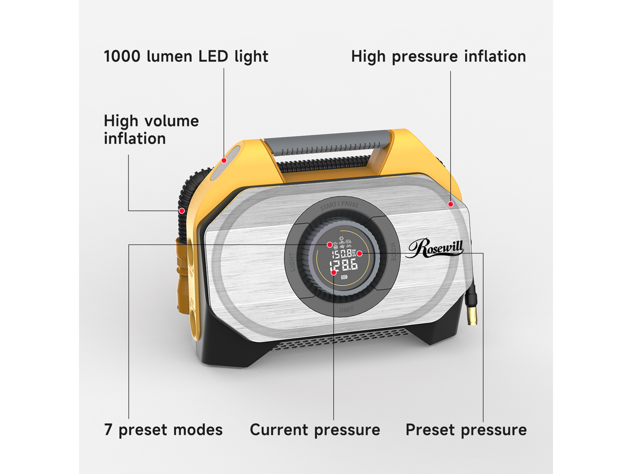 1000 lumen LED light  
High pressure inflation  
High volume inflation  
7 preset modes  
Current pressure  
Preset pressure
