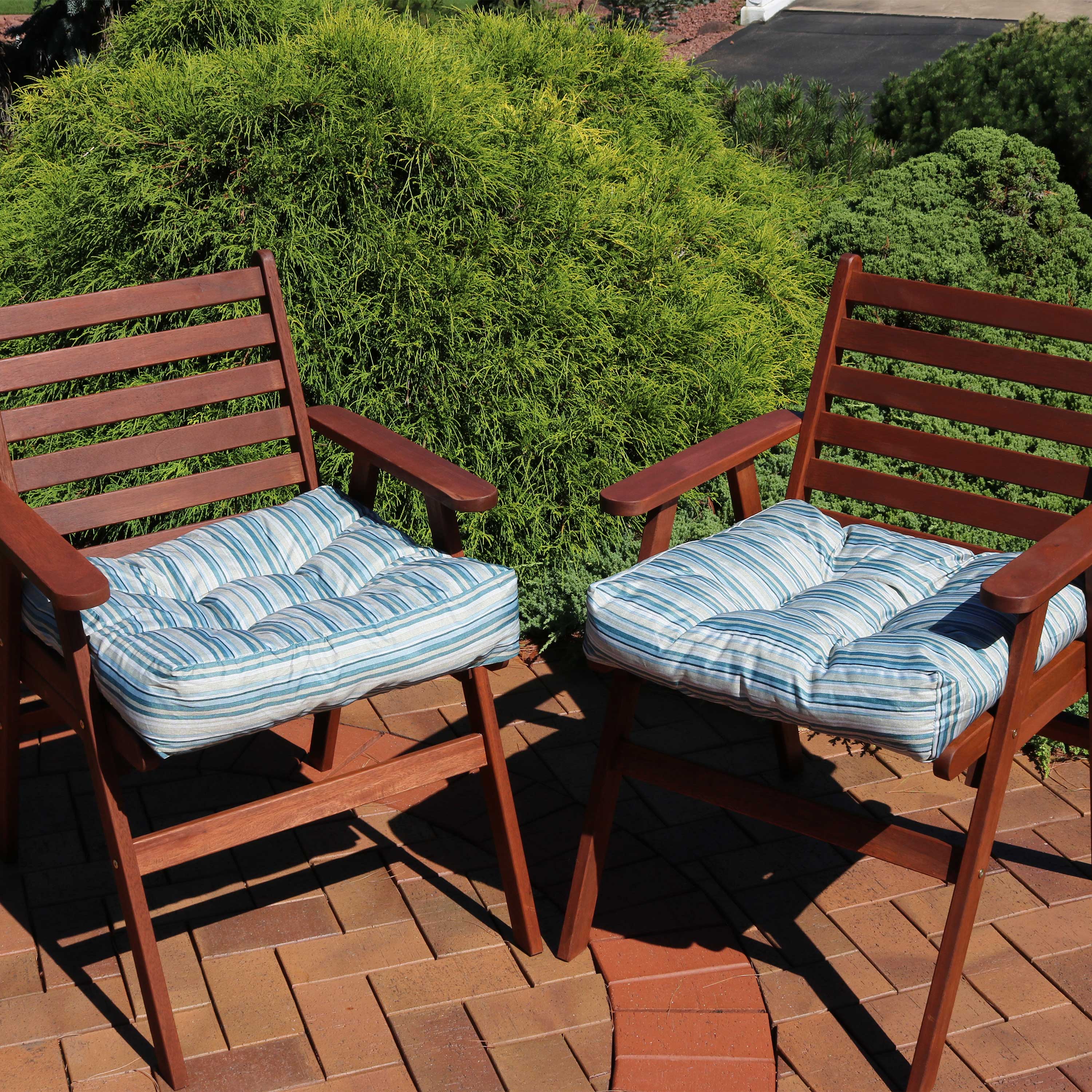 Alt View 3. Sunnydaze - Outdoor Square Tufted Seat Cushion - Set of 2 - Neutral Stripes.