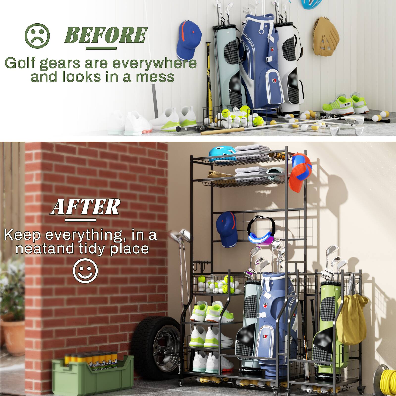 **BEFORE**  
Golf gears are everywhere and looks in a mess

**AFTER**  
Keep everything in a neat and tidy place