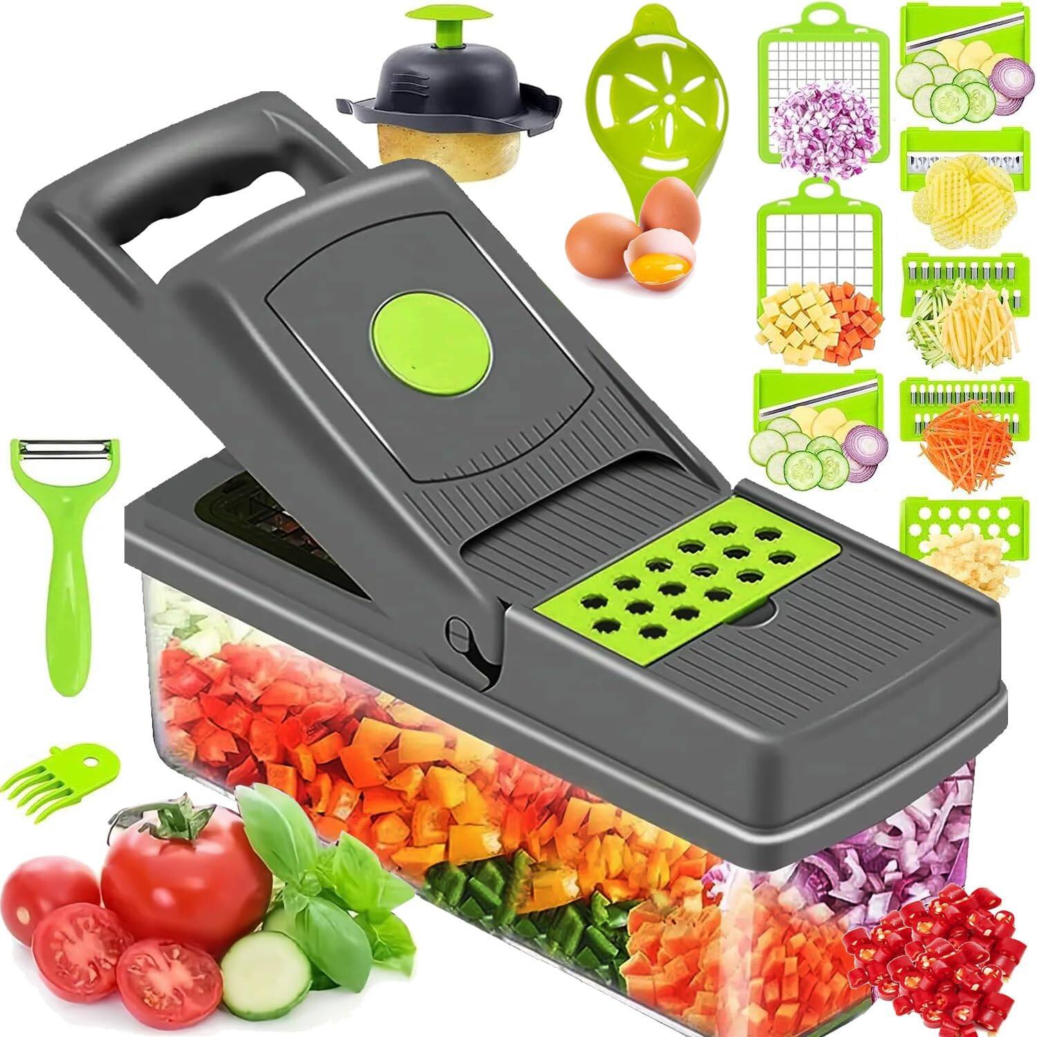 Front. PARKER SLATER - Multifunctional 16-in-1 Food Chopper – Onion Chopper, Vegetable Slicer, Cutter & Dicer for Pepper, Salad, Tomato, Potato - Green.
