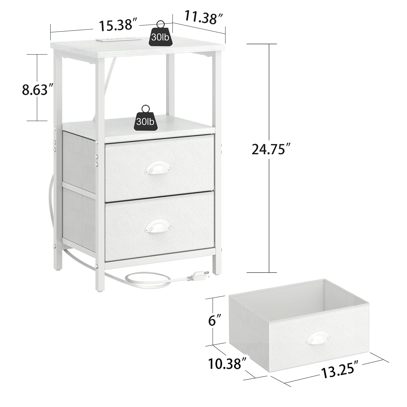 15.38" x 11.38"  
8.63"  
24.75"  
6" x 10.38" x 13.25"  
30lb