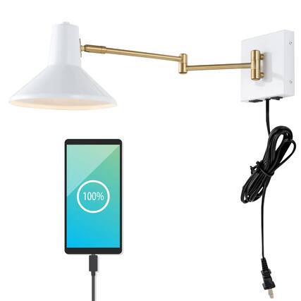 Front. Jonathan Y - Hygge 16" Swing Arm 1-Light Modern Midcentury Iron USB Charging Port LED Sconce, White/Brass Gold - White.