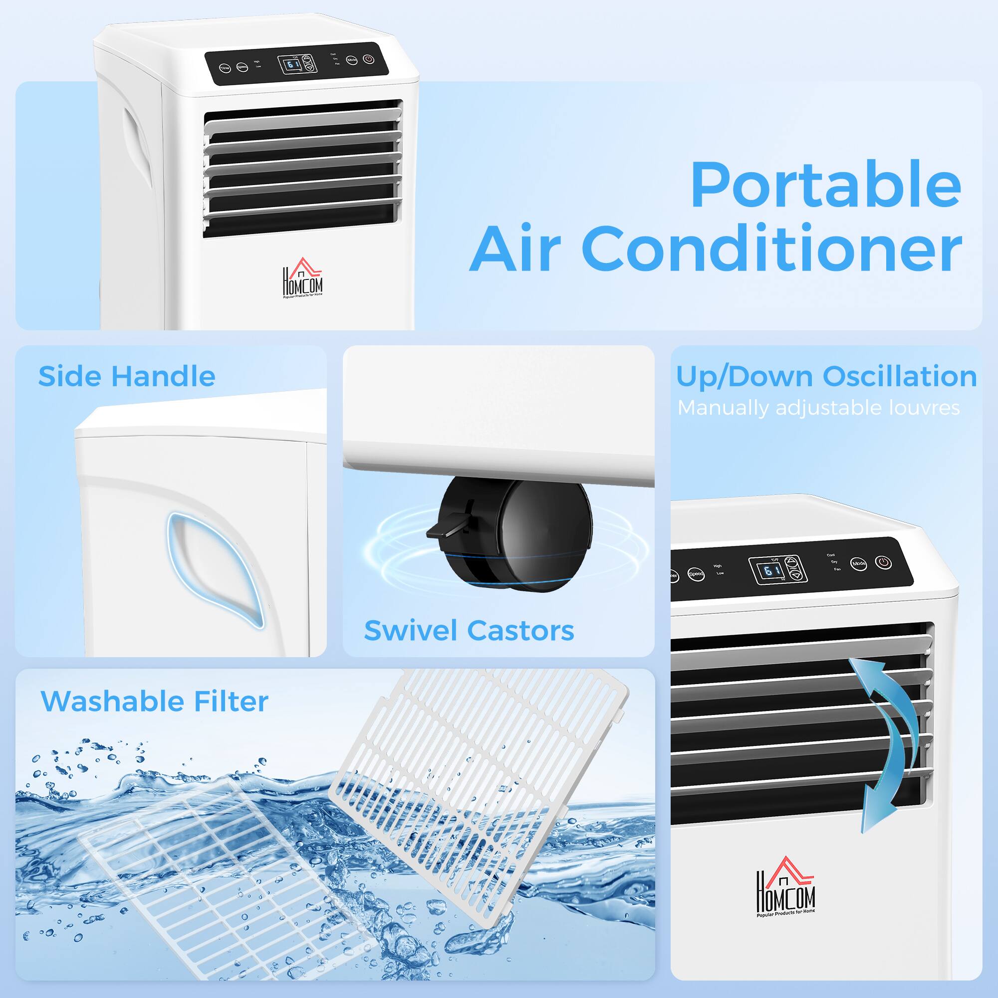 e: 0 1 ONCOM Portable Air Conditioner Side Handle Up/Down Oscillation Manually adjustable louvres - Swivel Castors Washable Filter