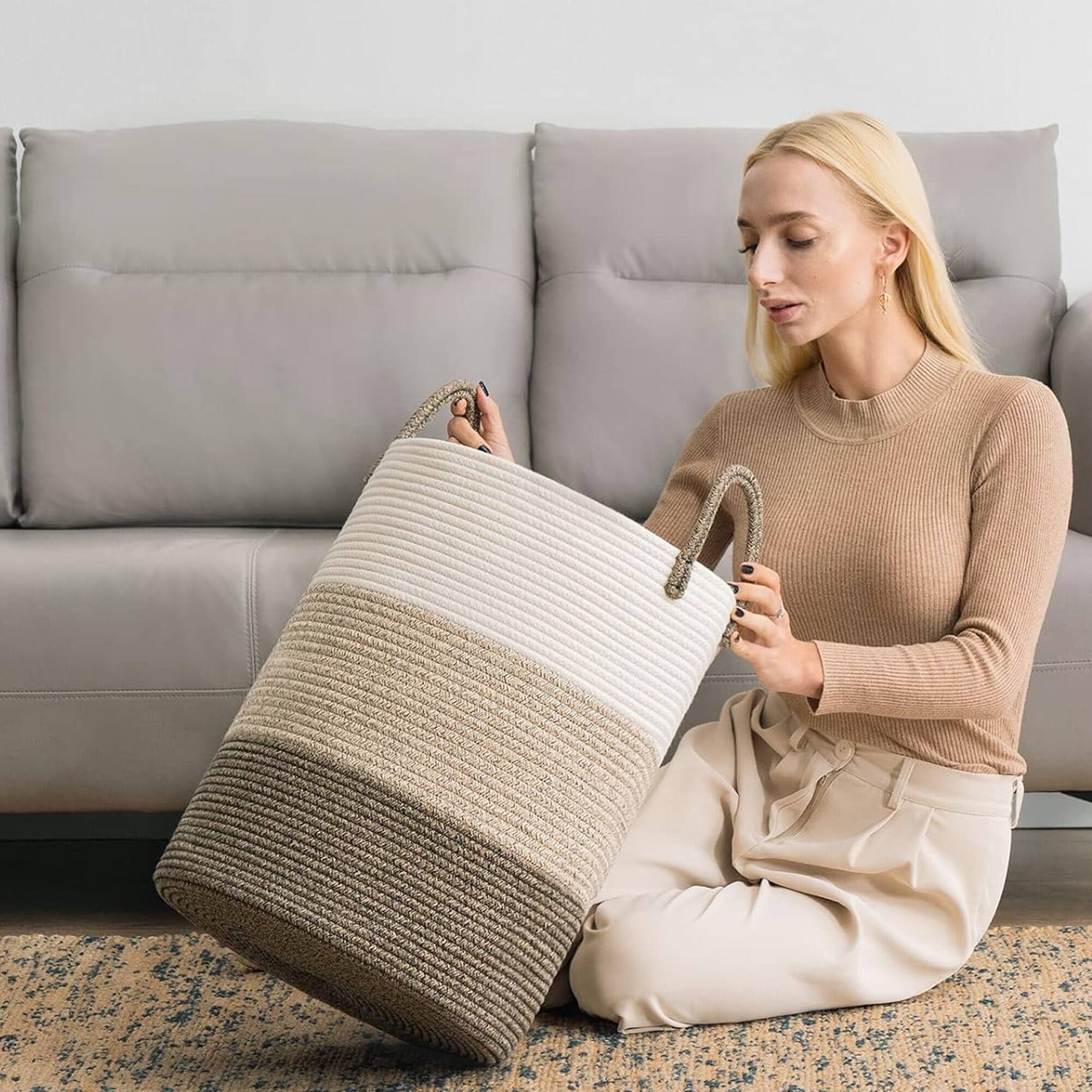 Back. Cheer Collection - Woven Cotton Rope Laundry Hamper – Large 16 x 16 x 22 in Storage Basket with Reinforced Handles - 3 Tone Tan - 3-Tone Tan.