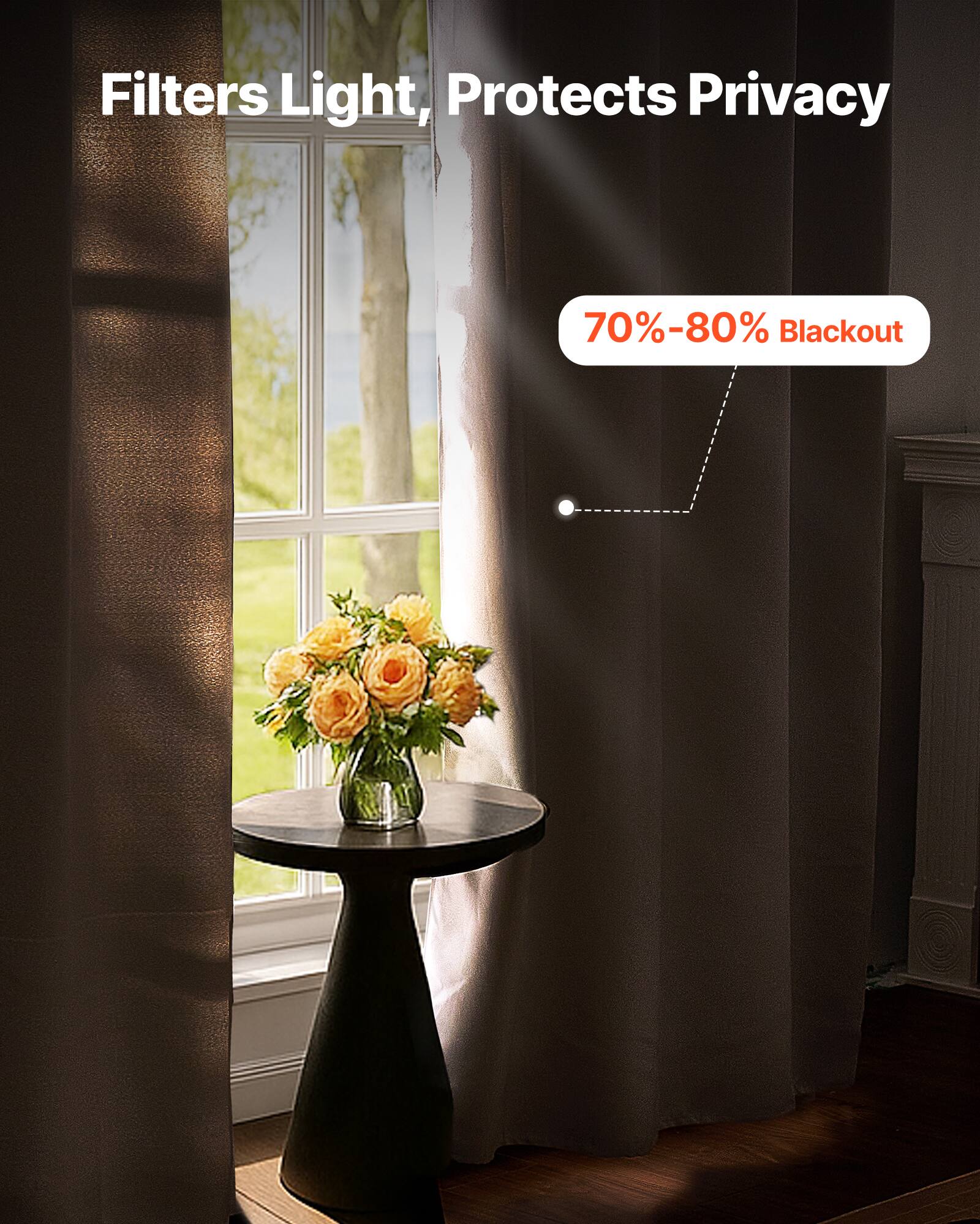 Filters Light, Protects Privacy  
70%-80% Blackout