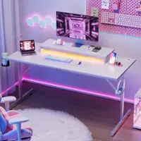 Bestier 52" Gaming Desk with Power Outlets USB Ports LED Lights and Monitor Stand - White - Front_Zoom