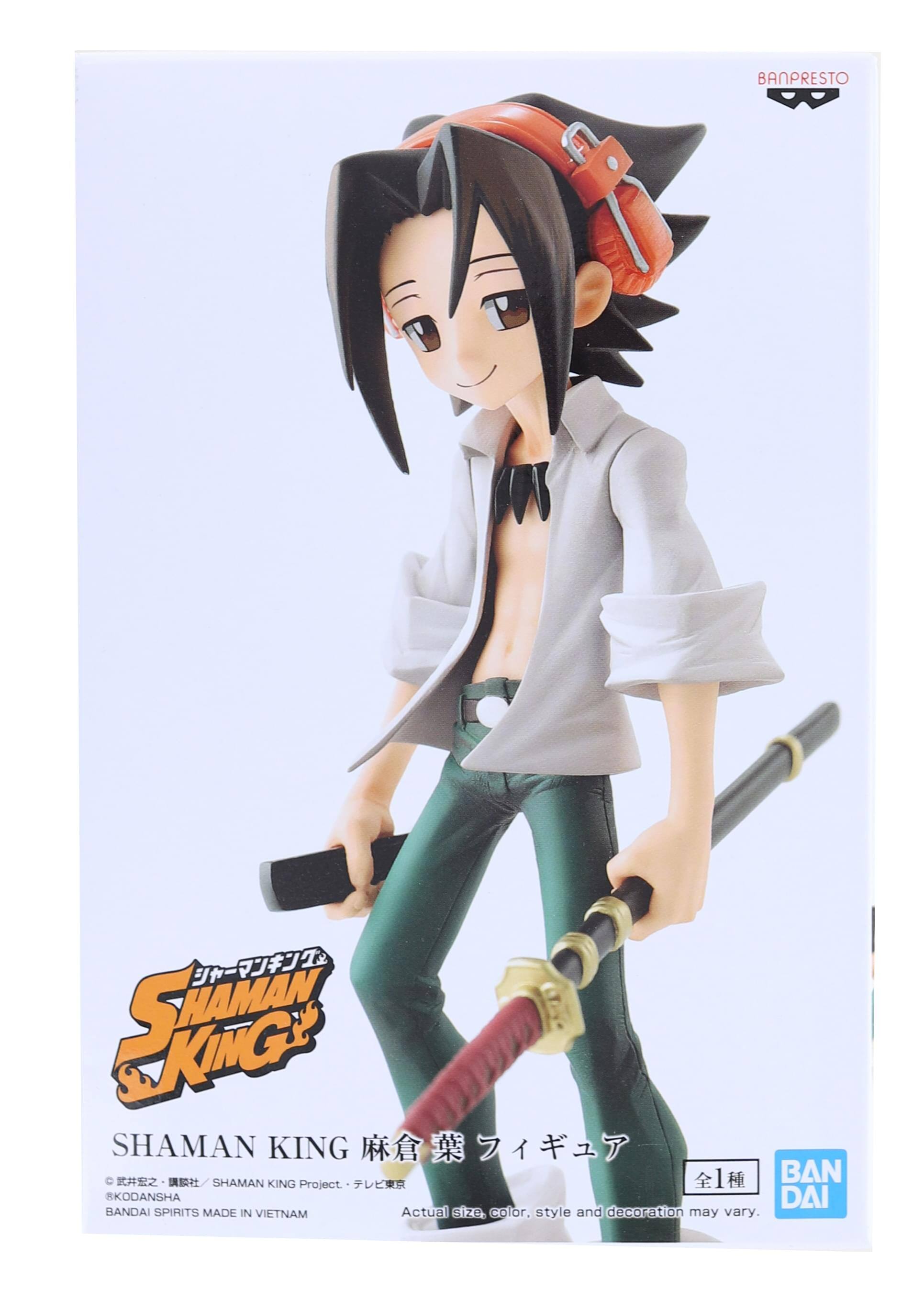 Sure, here is the corrected and grouped text from the image:

---

**BANPRESTO**

**SHAMAN KING**

**SHAMAN KING 麻倉葉 フィギュア**

**SHAMAN KING**

**麻倉葉**

**SHAMAN KING Project**

**©KODANSHA**

**BANDAI SPIRITS MADE IN VIETNAM**

**Actual size, color, style and decoration may vary.**

**全1種**

**BAN DAI**

---

This text is organized to reflect the information as it appears on the packaging.