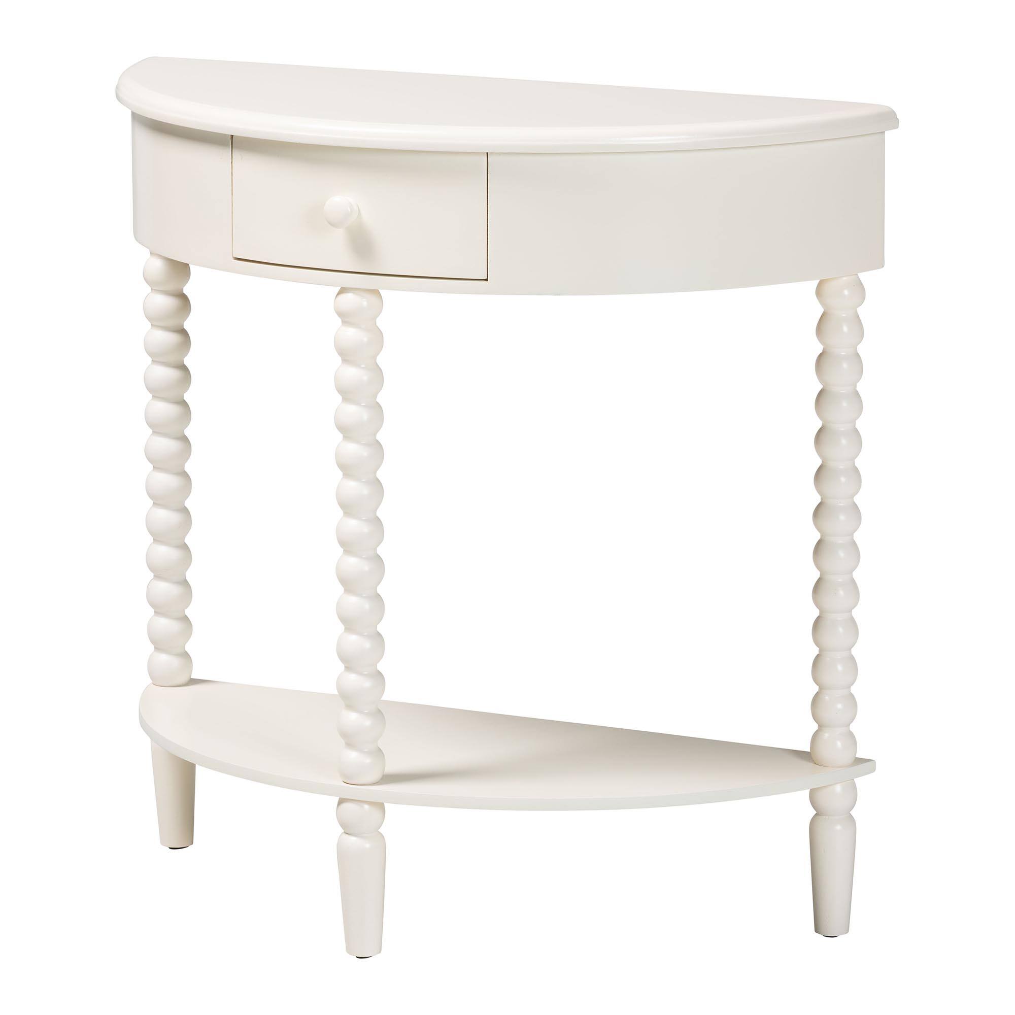 Front. Baxton Studio - Raynera Bobbin-Leg Demilune Console Table – Half-Moon Accent Table with 1 Drawer and Open Shelf, Cottage Farmhouse - White.