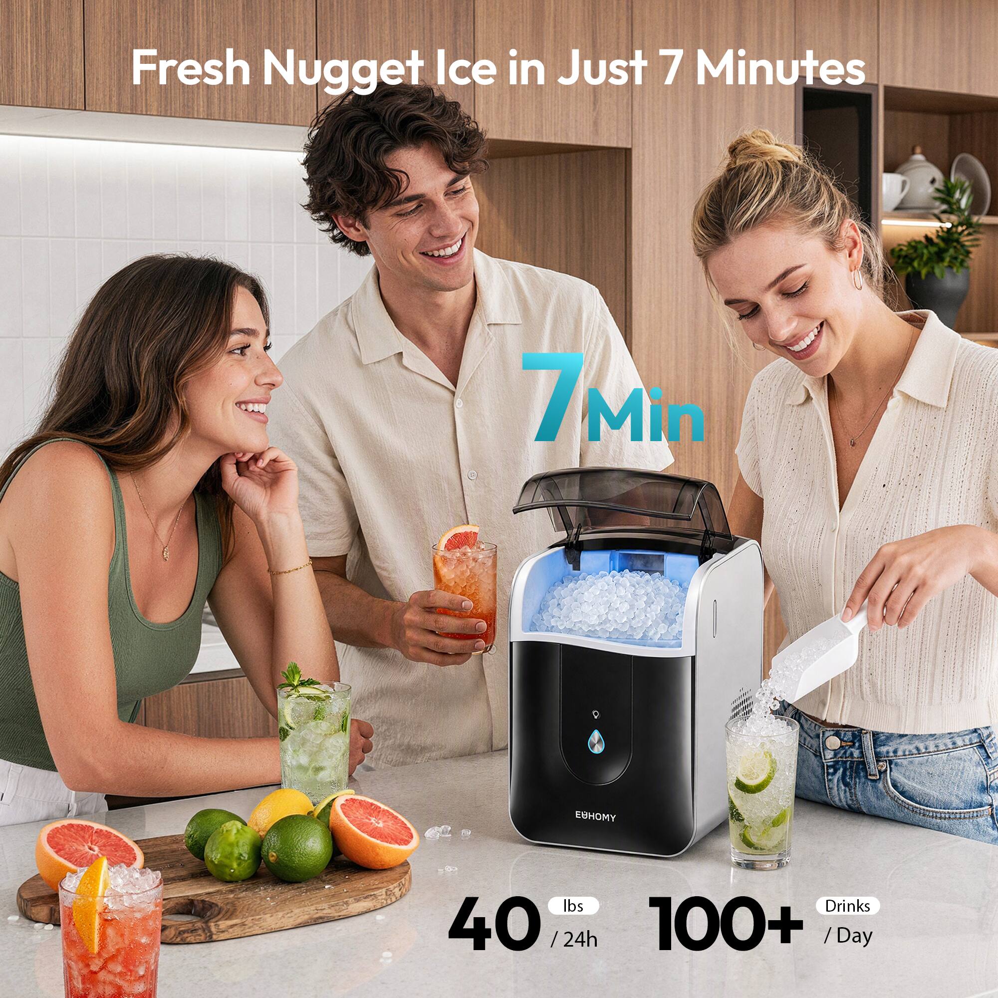 Fresh Nugget Ice in Just 7 Minutes

7 Min

EBHOMY

40 lbs / 24h 100+ Drinks / Day
