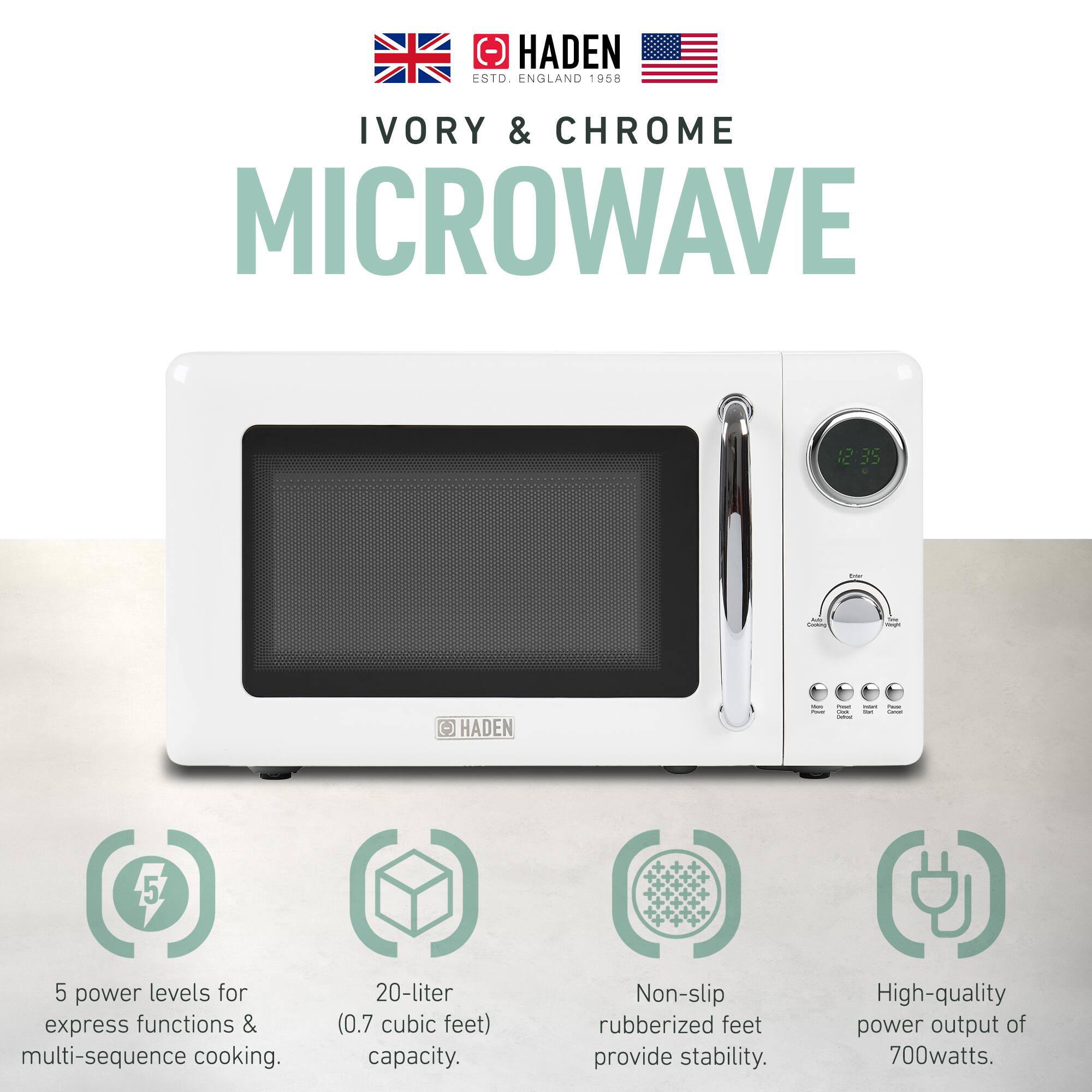 HADEN  
ENGLAND 1958  
IVORY & CHROME  
MICROWAVE  

- 5 power levels for express functions & multi-sequence cooking.  
- 20-liter (0.7 cubic feet) capacity.  
- Non-slip rubberized feet provide stability.  
- High-quality power output of 700 watts.