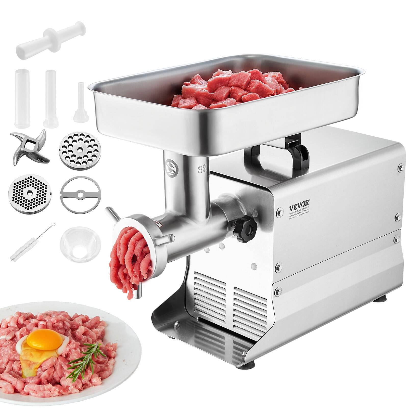 Front. VEVOR - Meat Grinder, 21 Lbs/Min Capacity Electric Stainless Steel Meat Grinders with Blade, Grinding Plate, Sausage Maker - Silver.
