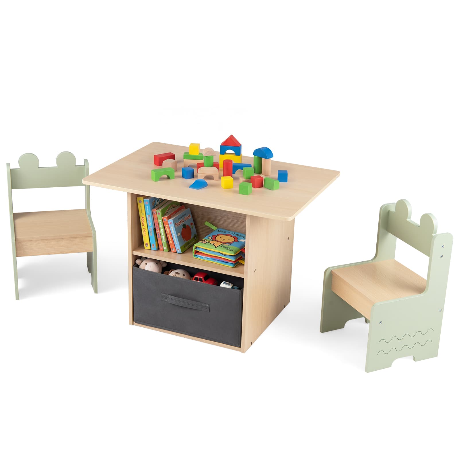 Gymax - Kids Table & Chairs Set w/2 Open Compartments Fabric Drawer for Arts & Crafts - Green