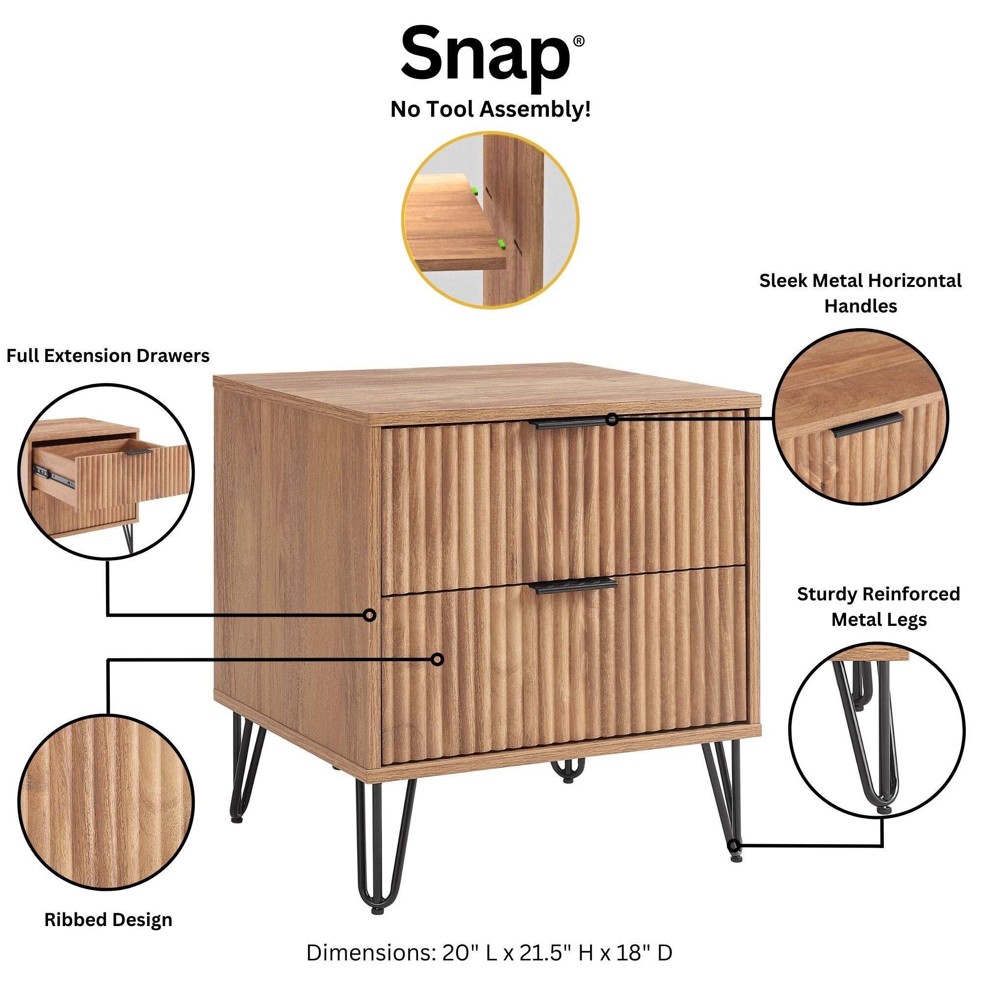 Snap® No Tool Assembly!  
Sleek Metal Horizontal Handles  
Full Extension Drawers  
Sturdy Reinforced Metal Legs  
Ribbed Design  
Dimensions: 20" L x 21.5" H x 18" D