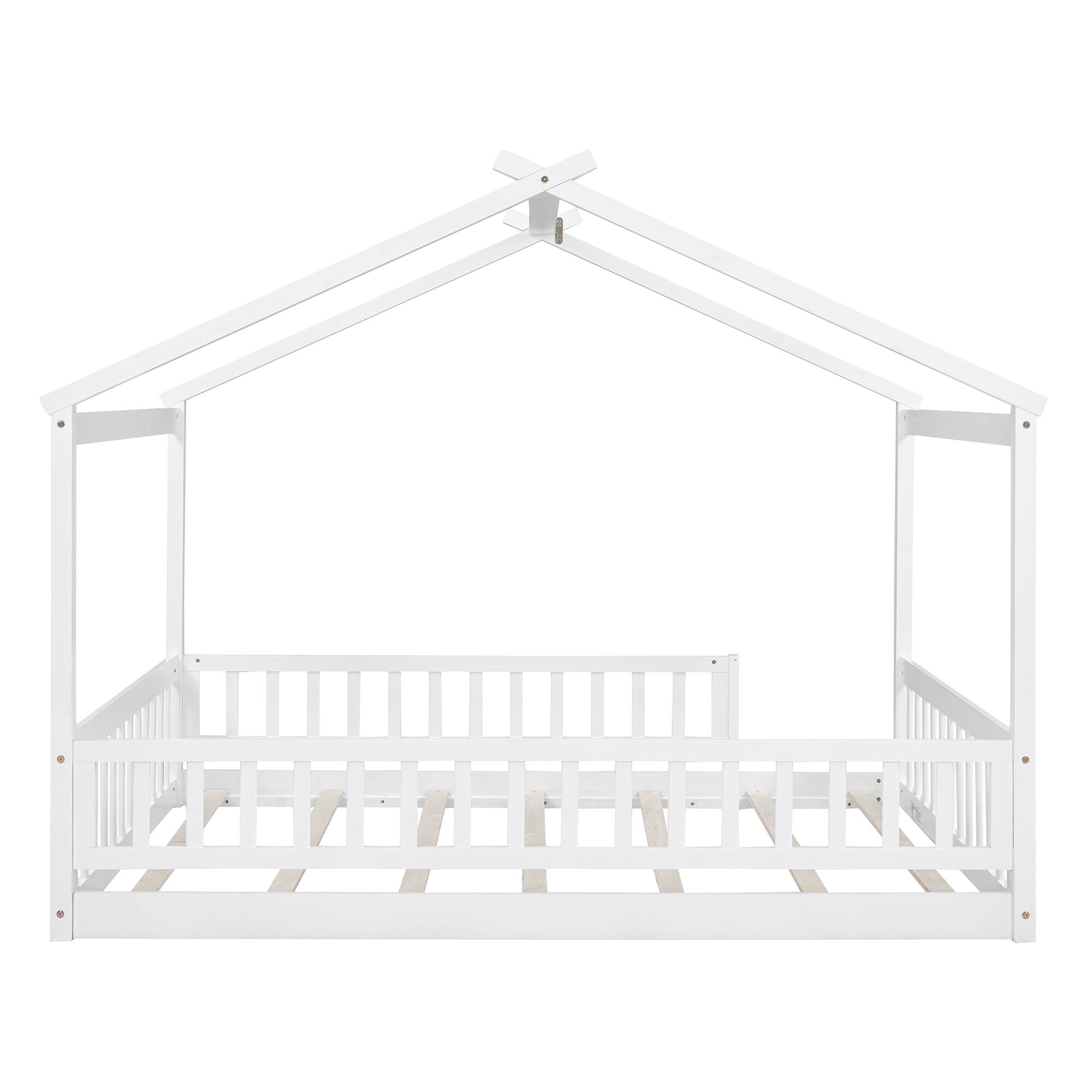 Alt View 1. Whisen - Wood House Bed Frame with Fence for Kids and Teens - White.