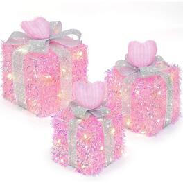 Schertz - "3-Pack Lighted Pink Christmas Gift Boxes with Hearts, 60 LEDs, Battery Operated" - multicolor