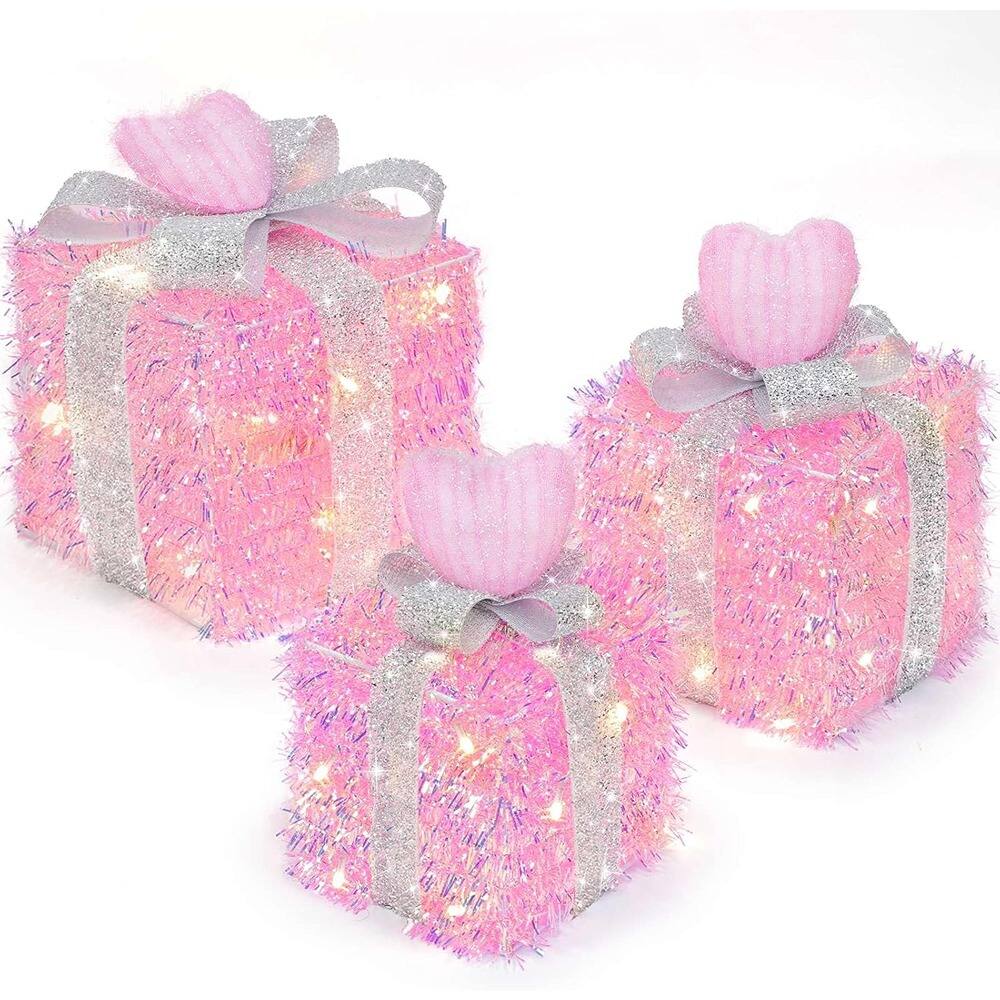 Front. Schertz - "3-Pack Lighted Pink Christmas Gift Boxes with Hearts, 60 LEDs, Battery Operated" - multicolor.