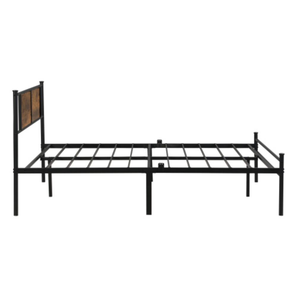 Alt View 1. LUCKY ONE - Queen Size Metal Bed Frame with Wood Panel Headboard, Steel Structure - Black+Brown.