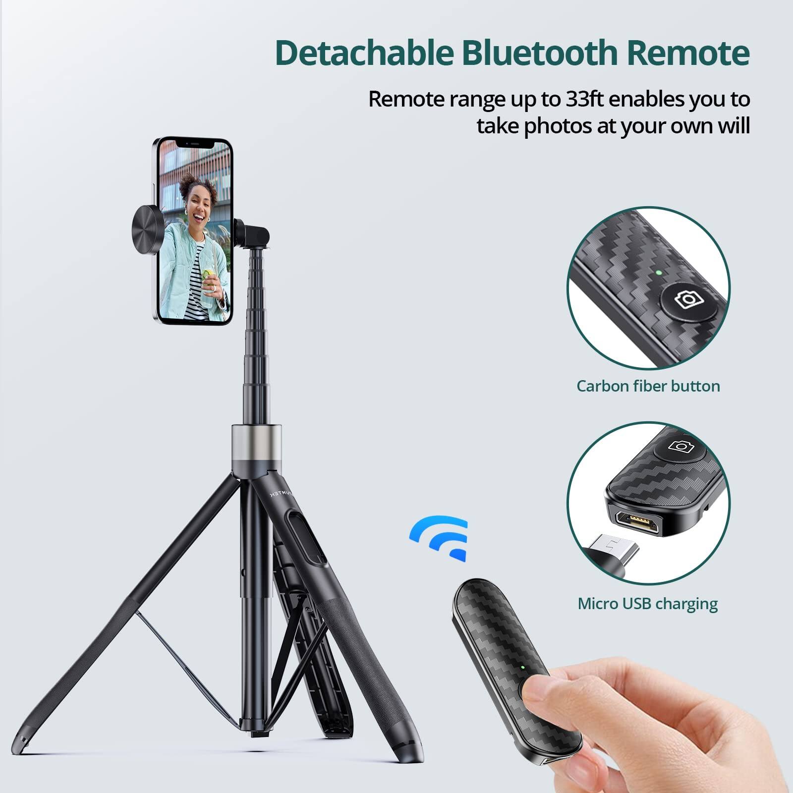 Detachable Bluetooth Remote  
Remote range up to 33ft enables you to take photos at your own will  

Carbon fiber button  

Micro USB charging