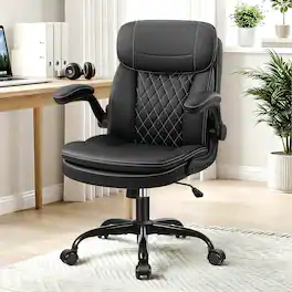 KERDOM - Computer Desk Chair with Double-Layer Seat Cushion & Neckrest, PU Leather Small Ergonomic Office Chair with Filp-up Arms - Black
